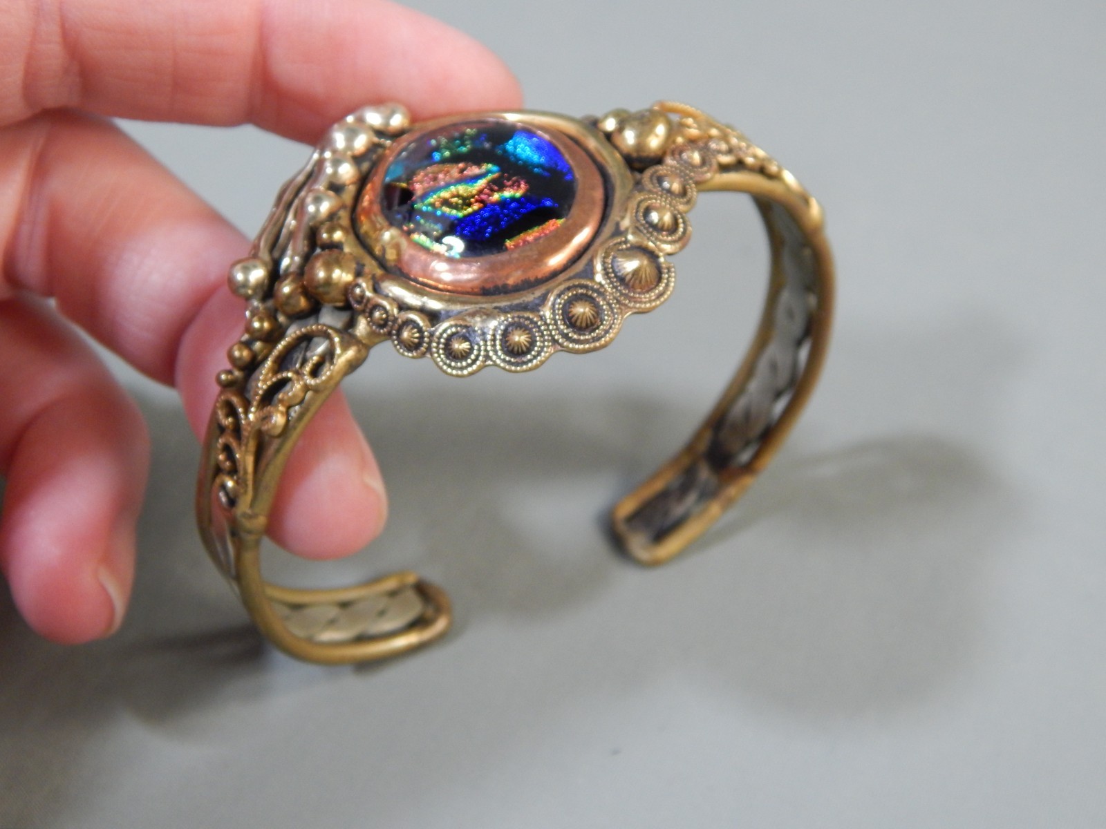 Vintage Handmade Brass Silver Copper Dichroic Glass Brutalist Modernist Bracelet