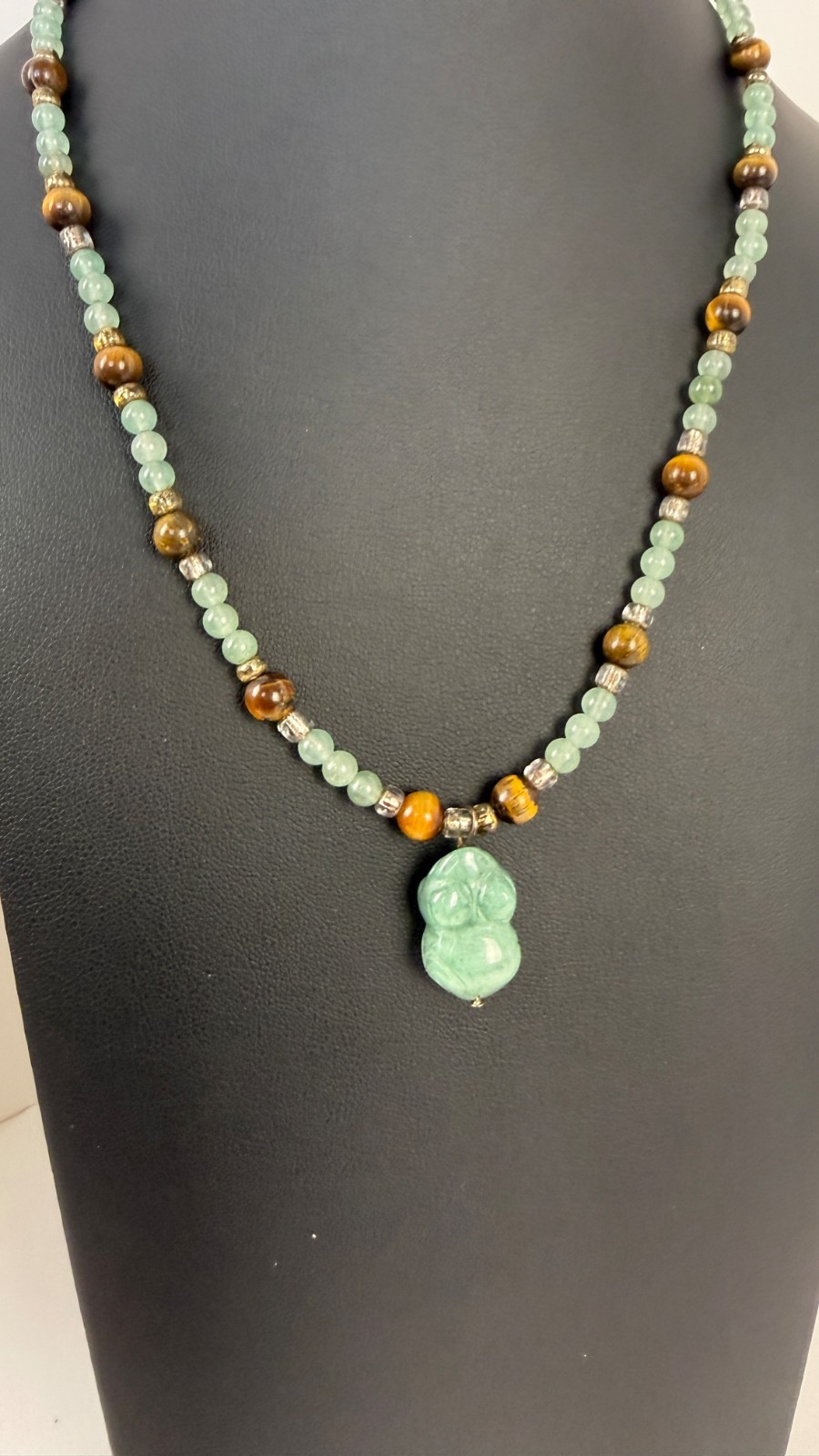 Green Aventurine & Tiger’s Eye Beaded Necklace | Carved Stone Frog Pendant 18″