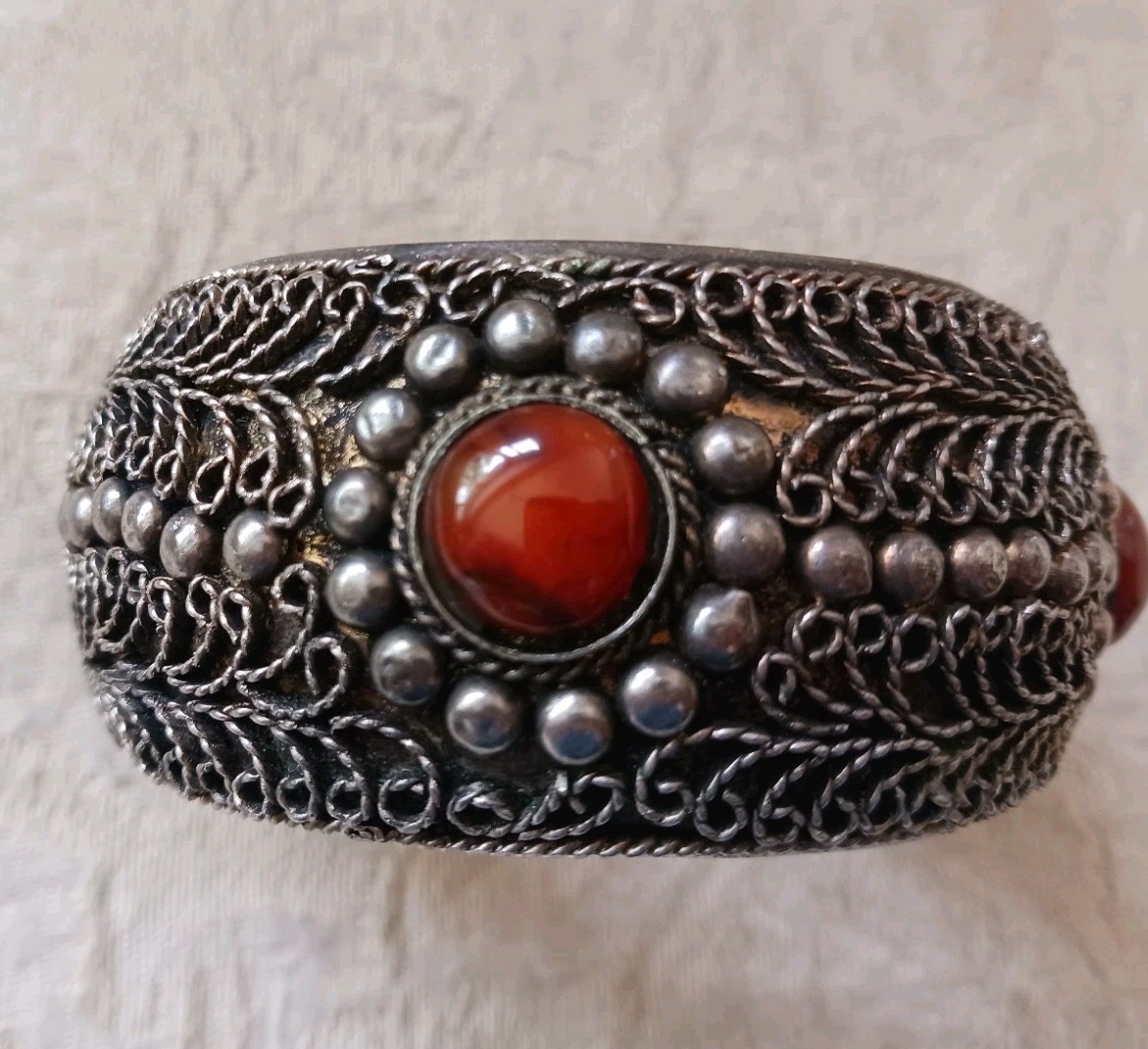Vtg Silver Tone Metal Filigree Cuff Bracelet with Carnelian Red Stone Medieval