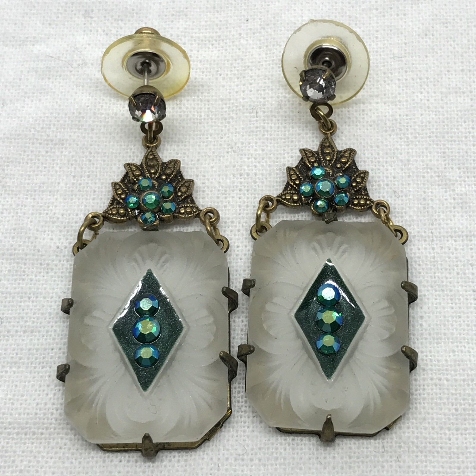 Vintage Glass Works Studio Carved Matte Glass, Crystal Acc & Brass tone Earrings