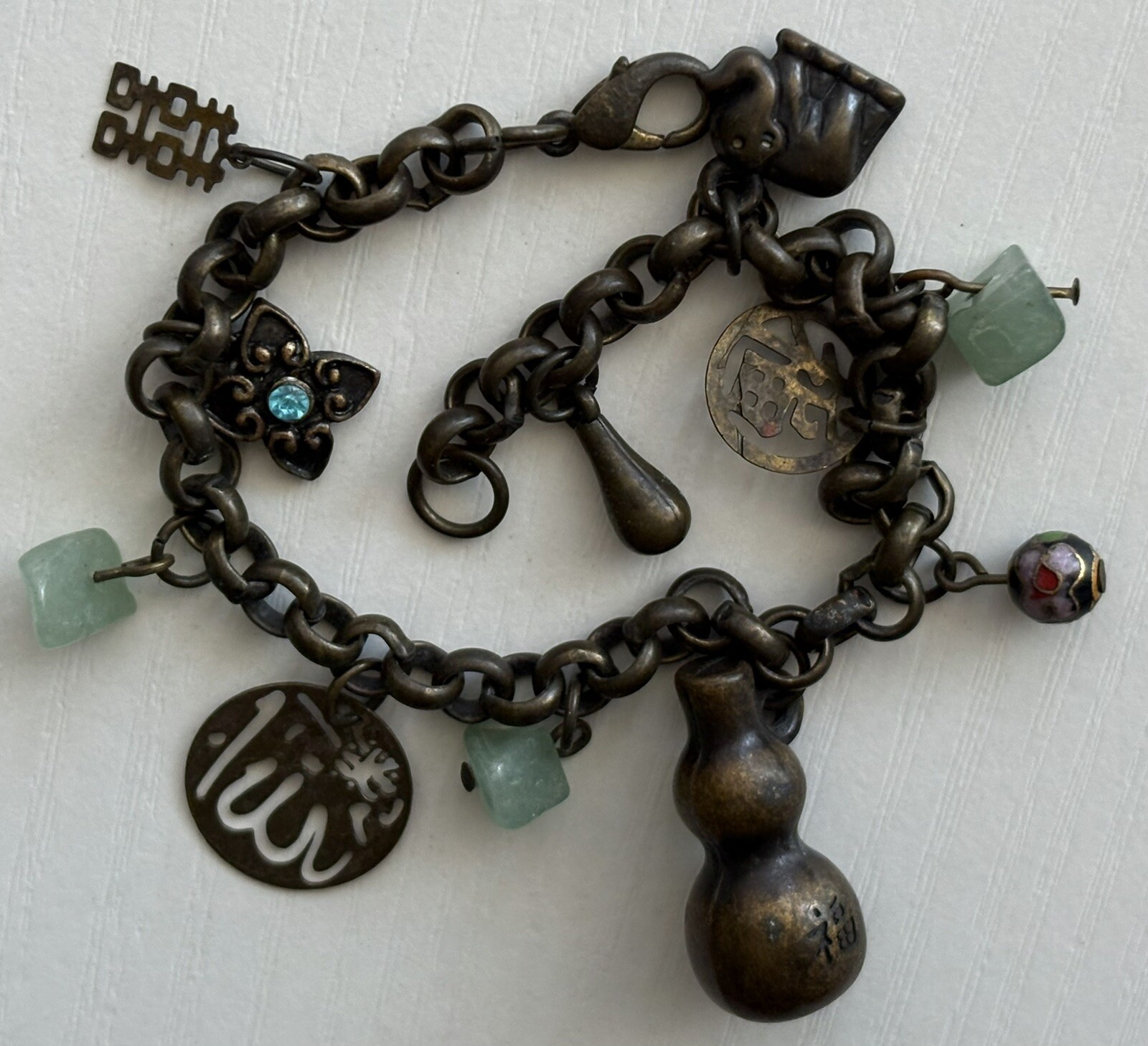 Vintage Chinese Cloisonné Charm Bracelet 7.25in Ladies Good Luck Jade 16.80g