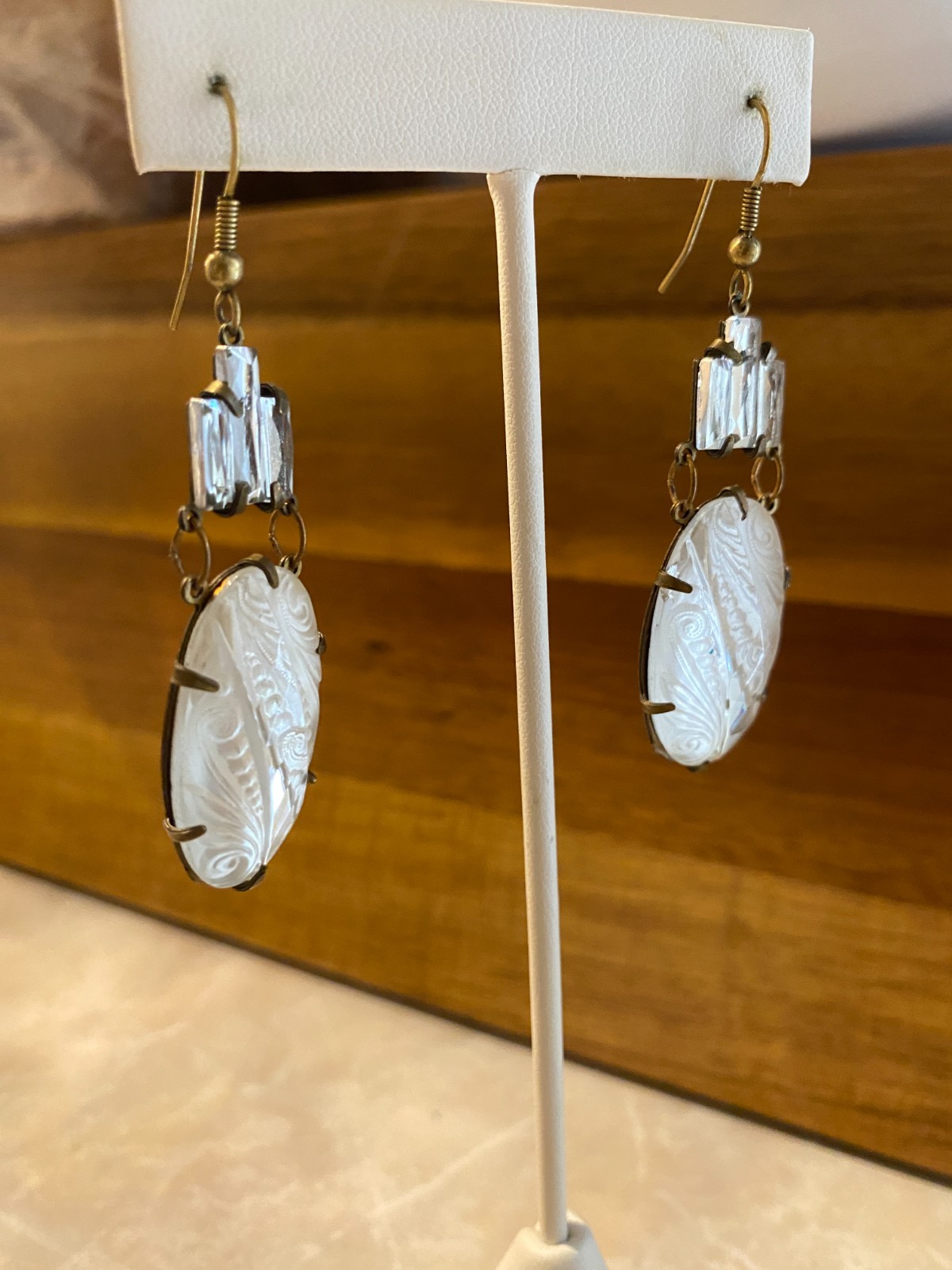 Glass Works Studio Earrings Frosted Clear Etched Faceted Glass & Rhinestones
