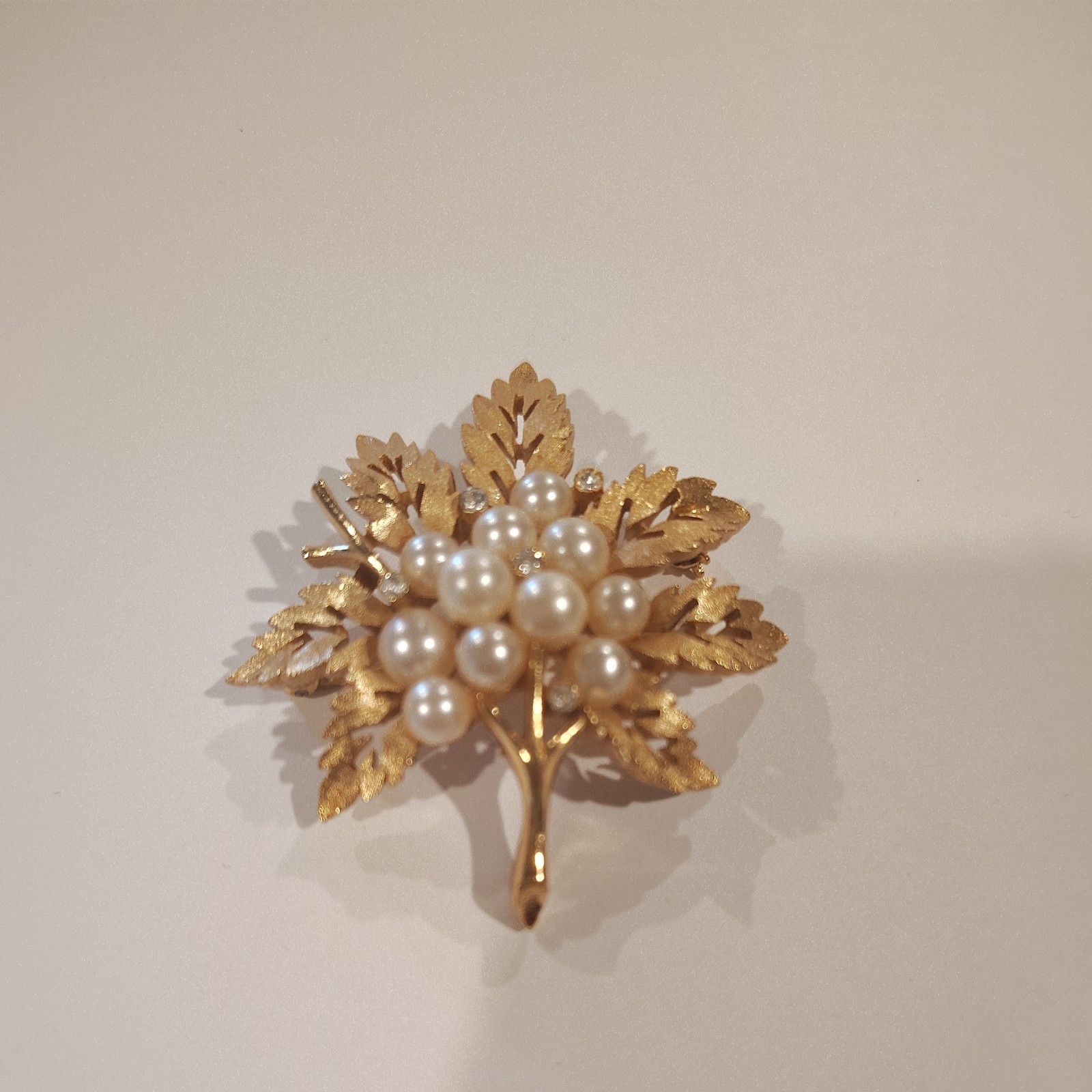 Vintage Crown Trifari Brooch, Gold-tone with Faux Pearls