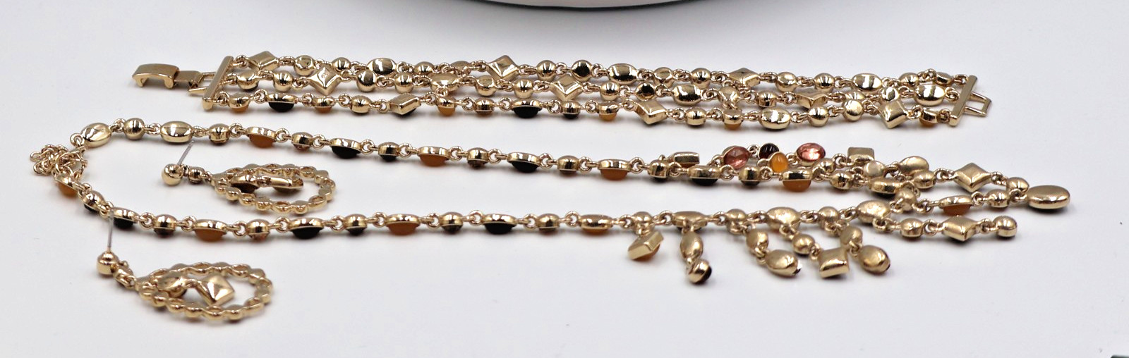 Vintage Honey & Brown Amber w/ Gold Rhinestones Necklace, Bracelet & Earrings