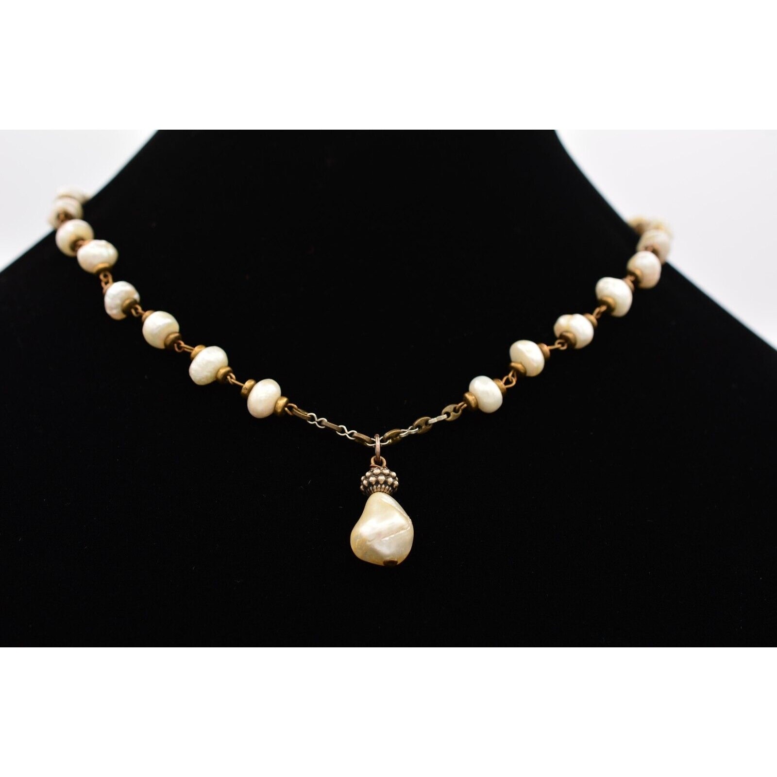 Vintage Pearl Necklace Y Drop Bronze Rustic Brass Tone AS IS Bin6A