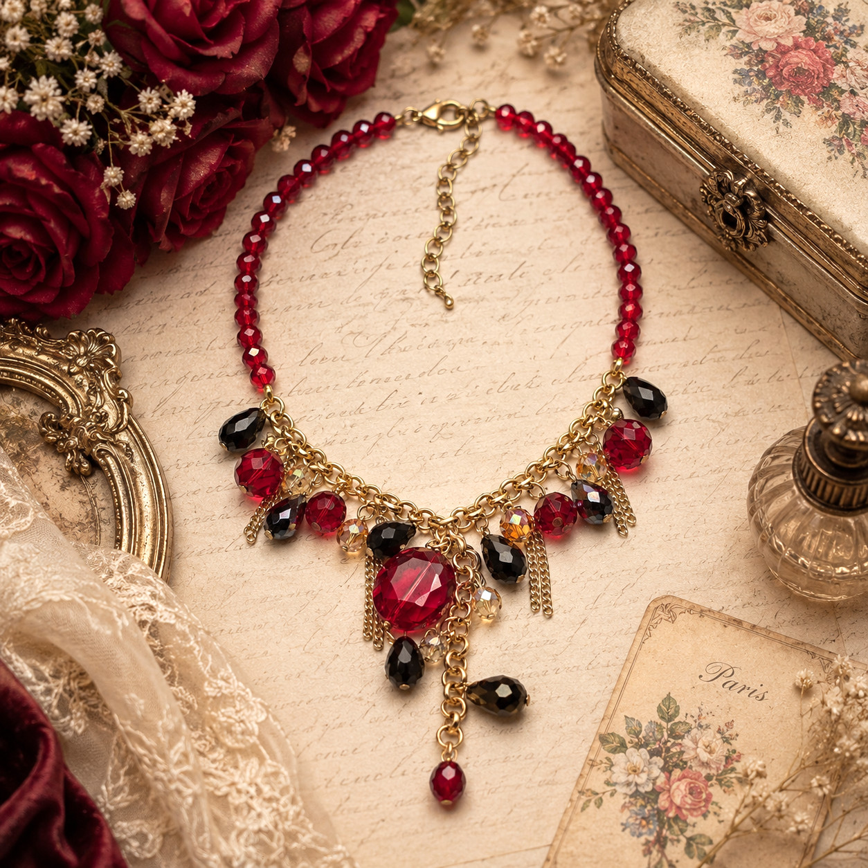 Vintage Red Black Crystal Fringe Necklace Gold Tone Faceted Bead Bib 20 In
