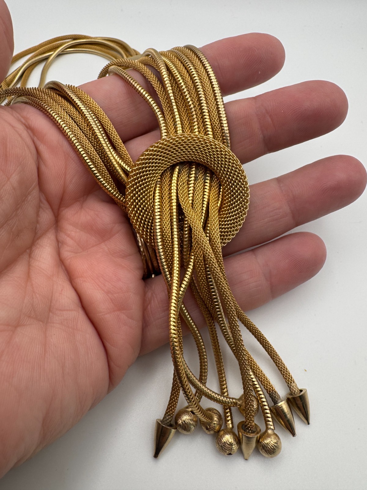 Vintage Mesh Necklace Multi Strand Snake Chain Tassel Knot Fringe Gold Tone