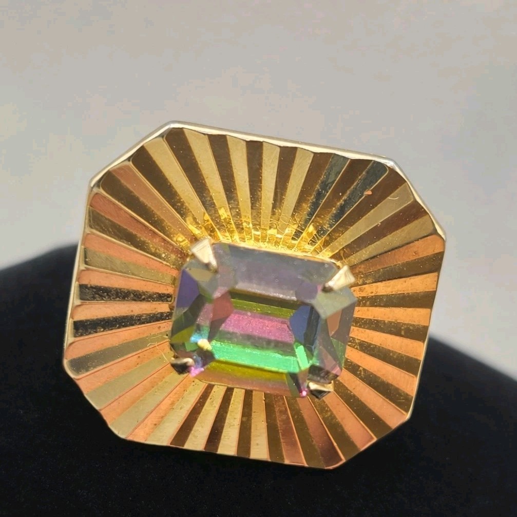 Vintage Gold-Tone Cufflinks & Tie Clip Set w Iridescent Stone Mid Century Swank