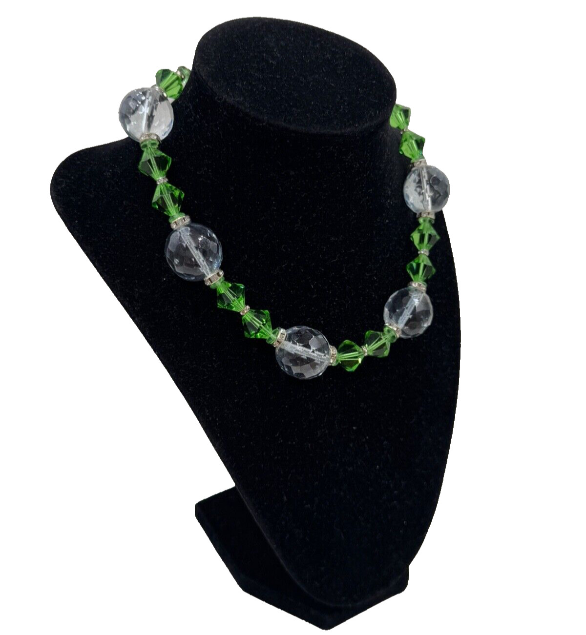 LRG MOONSTONE CLR FACETED CRYSTAL BEADS VIVID GREEN BI CONE ROUNDEL SPC NECKLACE