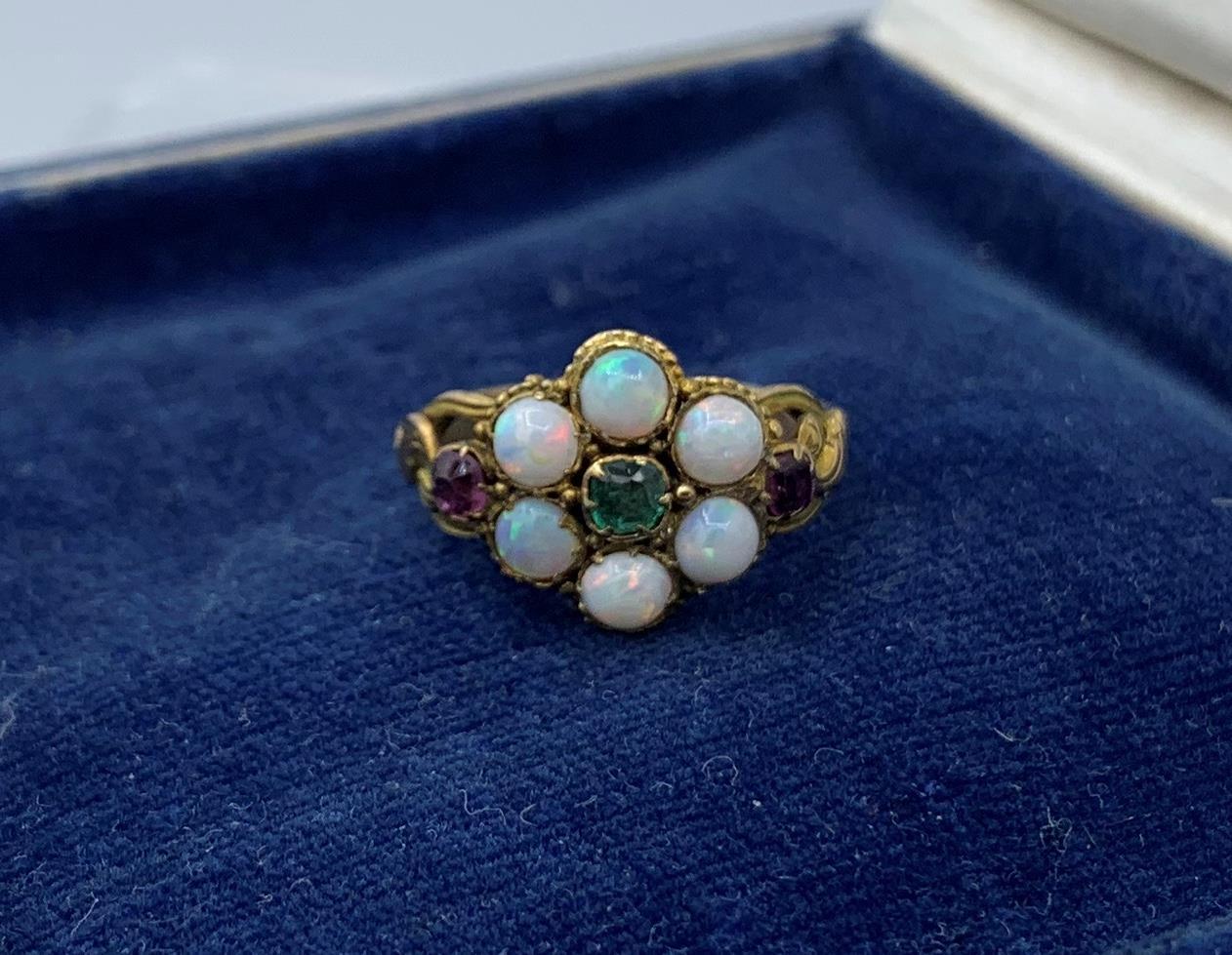 Victorian Opal Emerald Ruby Ring Antique Wedding Engagement Ring 14 Karat Gold