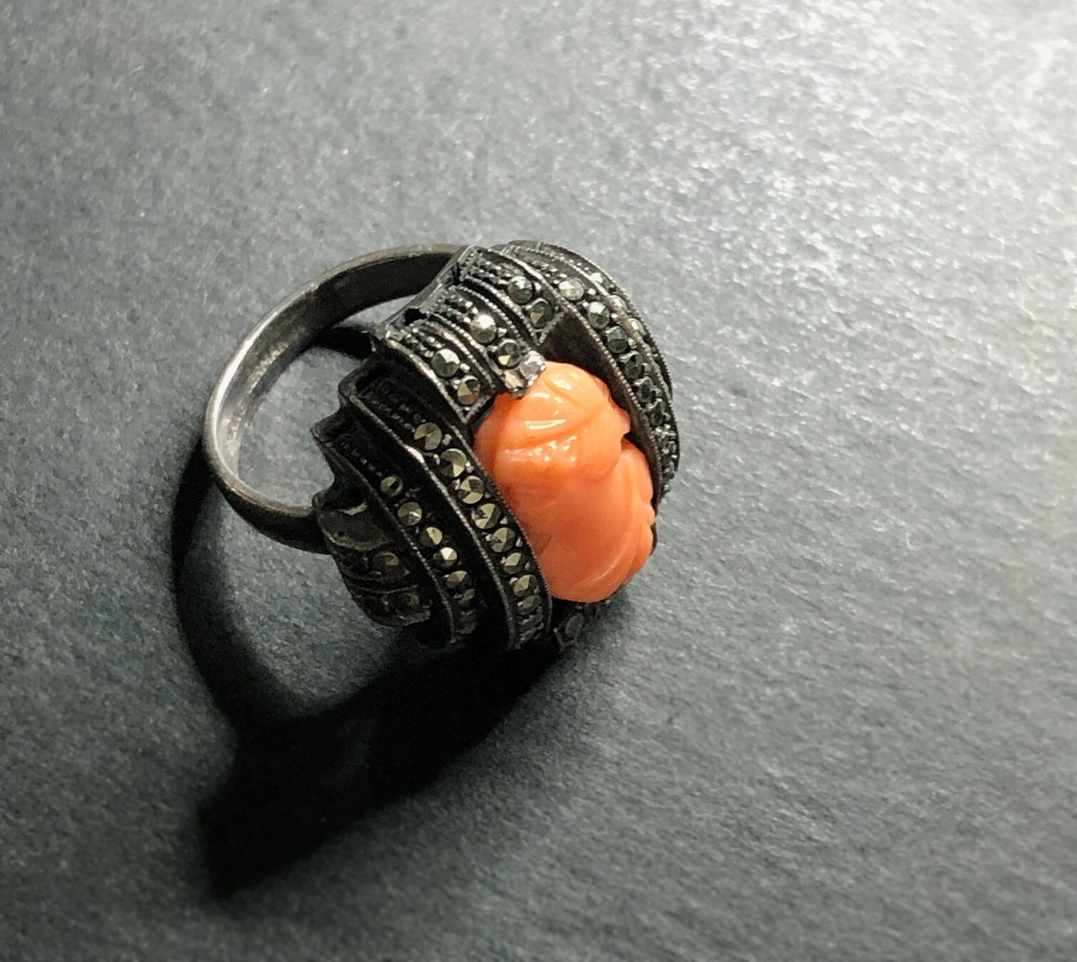 HEIRLOOM Antique EARLY VICTORIAN CORAL CAMEO Sterling Silver, Marcasite. German