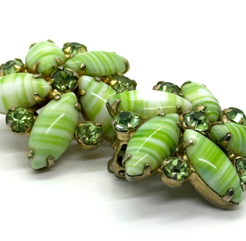 Vintage Green Striped Navette Glass Rhinestone Clip On Earrings Floral Cluster