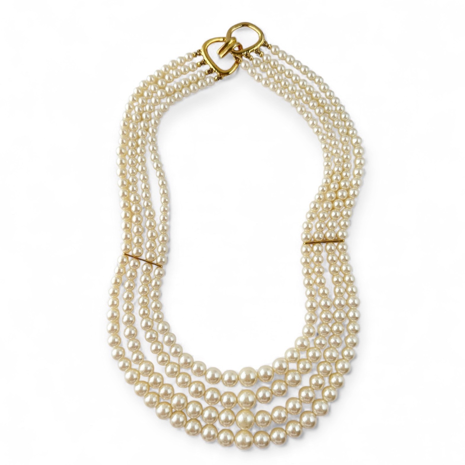 Vintage 4 Strand Faux Pearl Beaded Layered Hook Clasp Necklace