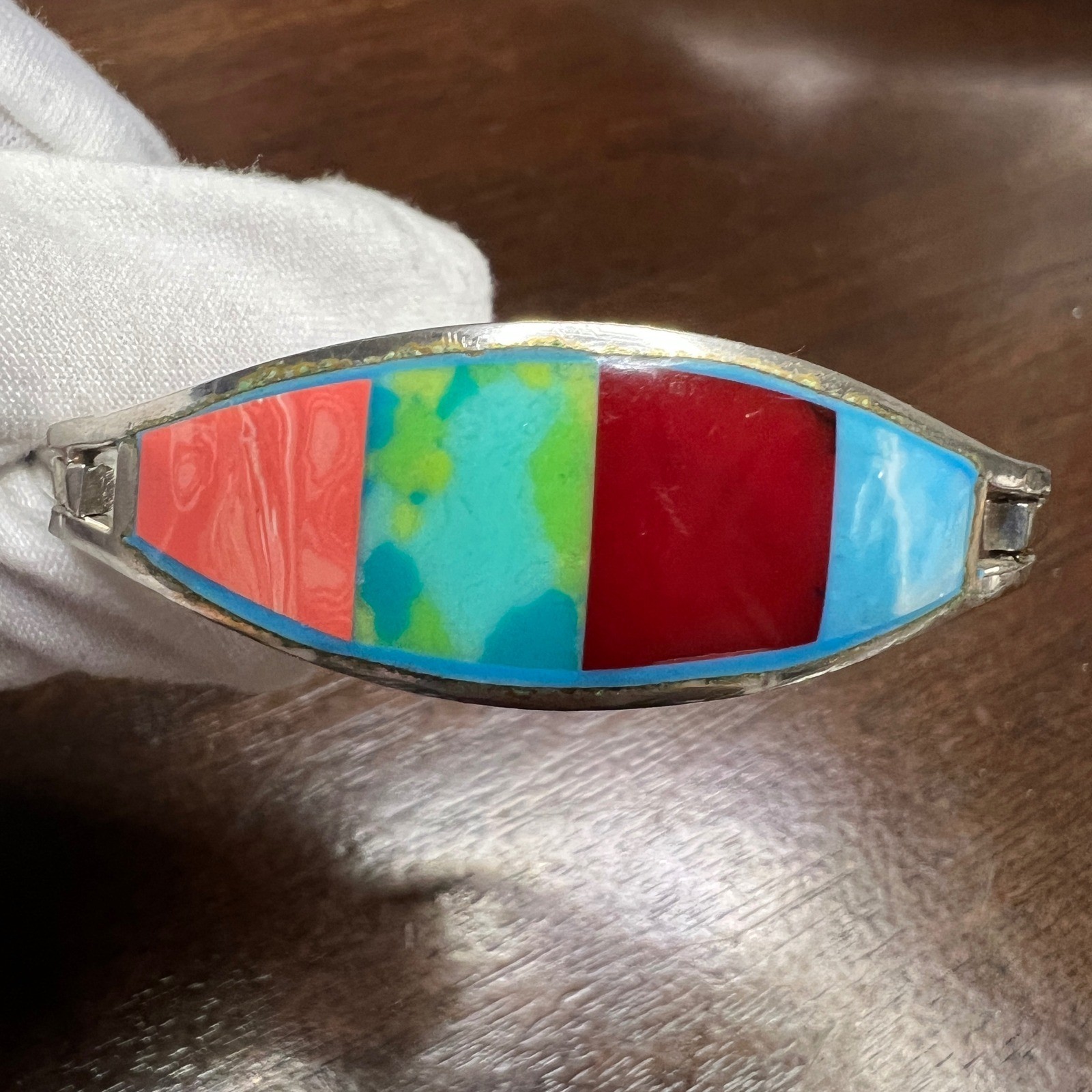Vintage Alpaca Mexico Bangle Bracelet Multi Color Enamel Silver Tone 7.2 in