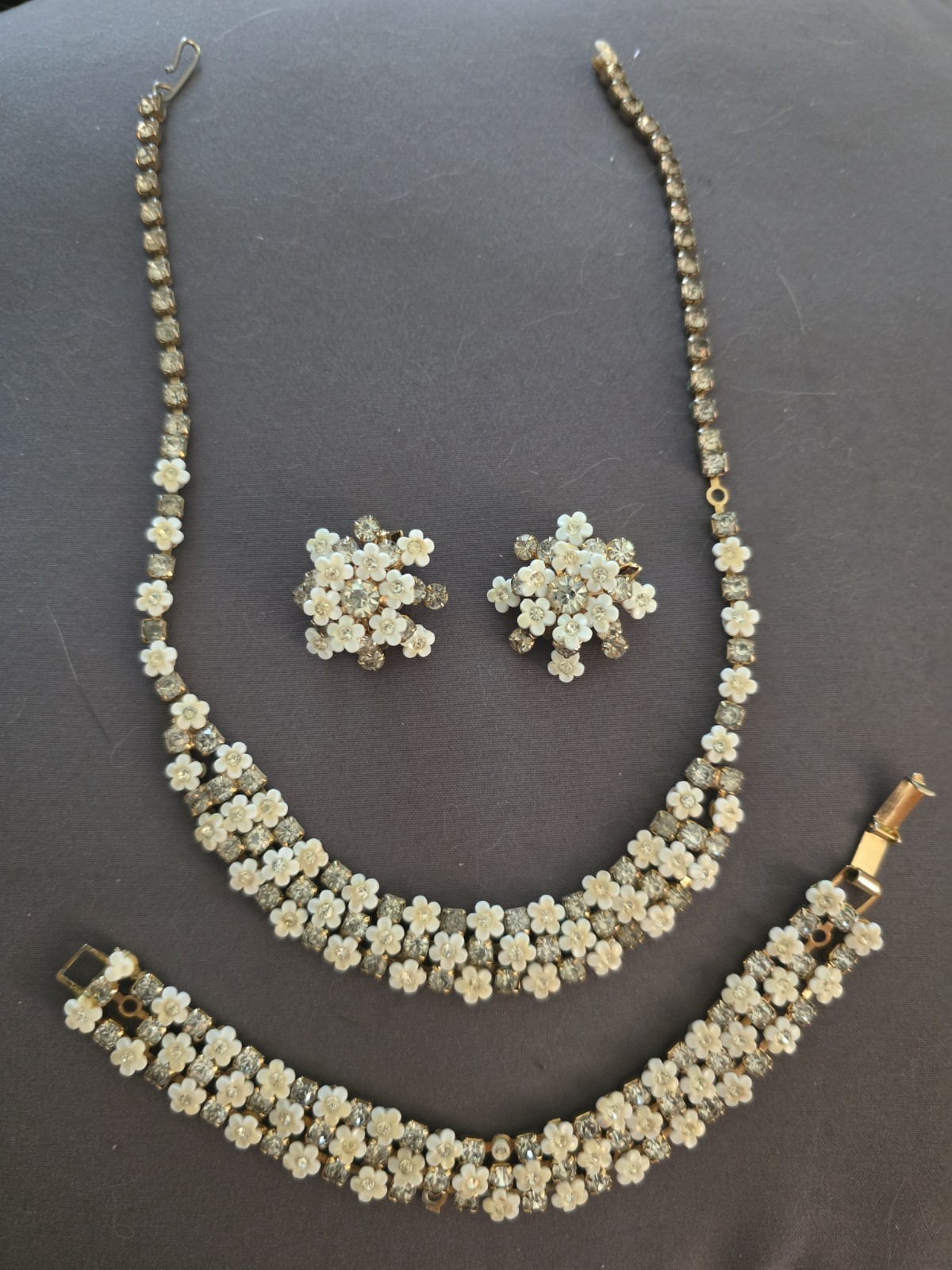 Vintage Enameled Painted Flowers Rhinestone Necklace Bracelet Earring Set