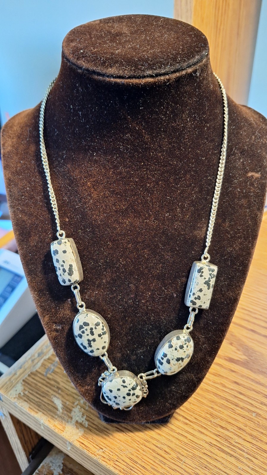 Vintage 925 Sterling Dalmationtion Jasper Stone necklace, Xtra fine, see notes