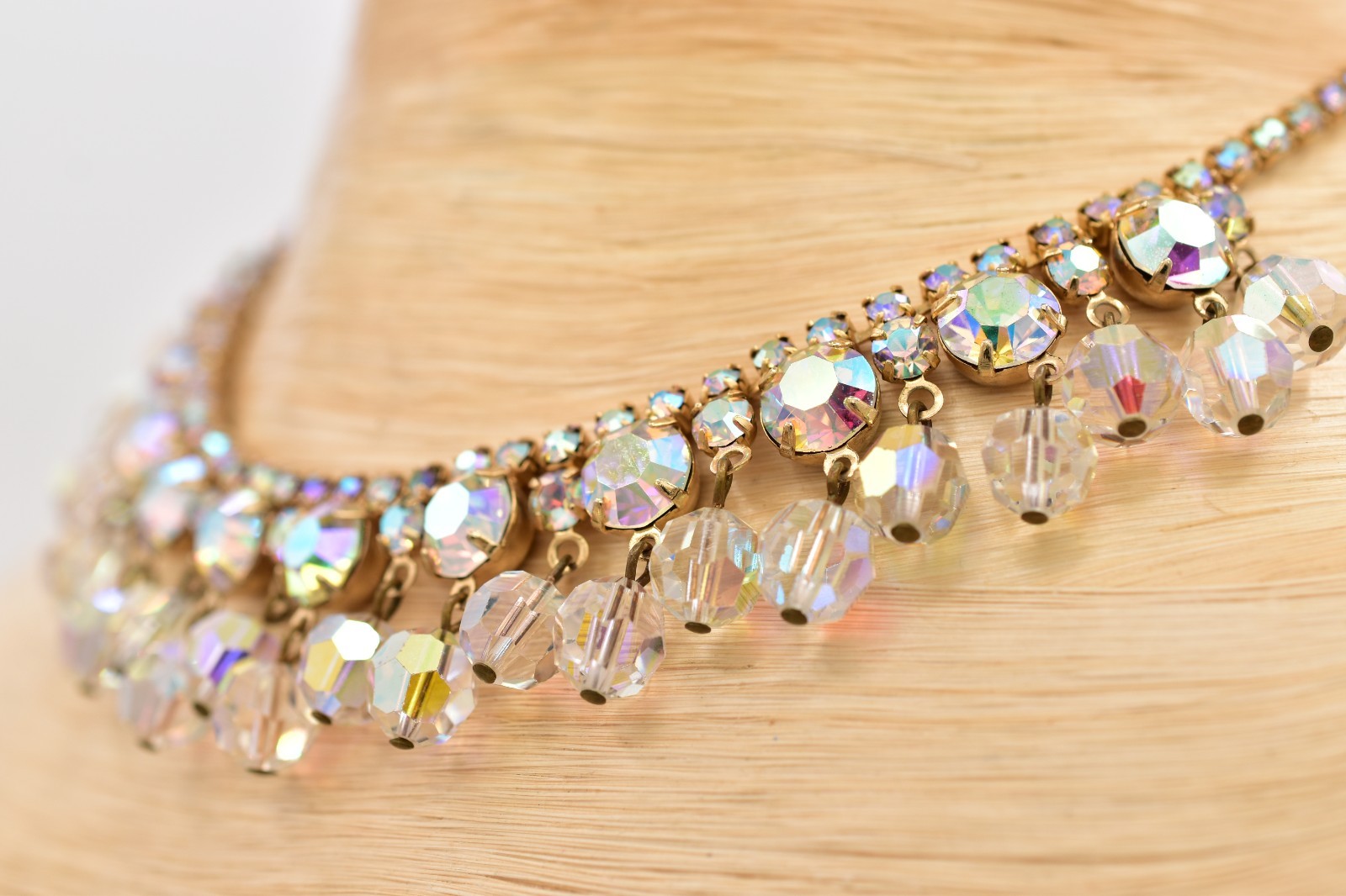 Vintage Crystal Choker Necklace AB Cluster Prong Rhinestone Gold Retro 50s BinBN