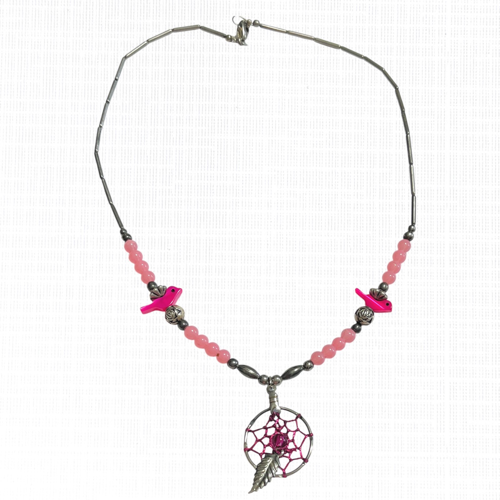 VTG Dreamcatcher Necklace Silver Tone Pink Bird Beaded Choker Southwest Handmade
