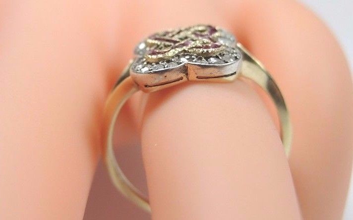 Victorian Art Deco Diamond Ruby 18K Yellow Gold Ring Size 9 UK-R1/2 Fine