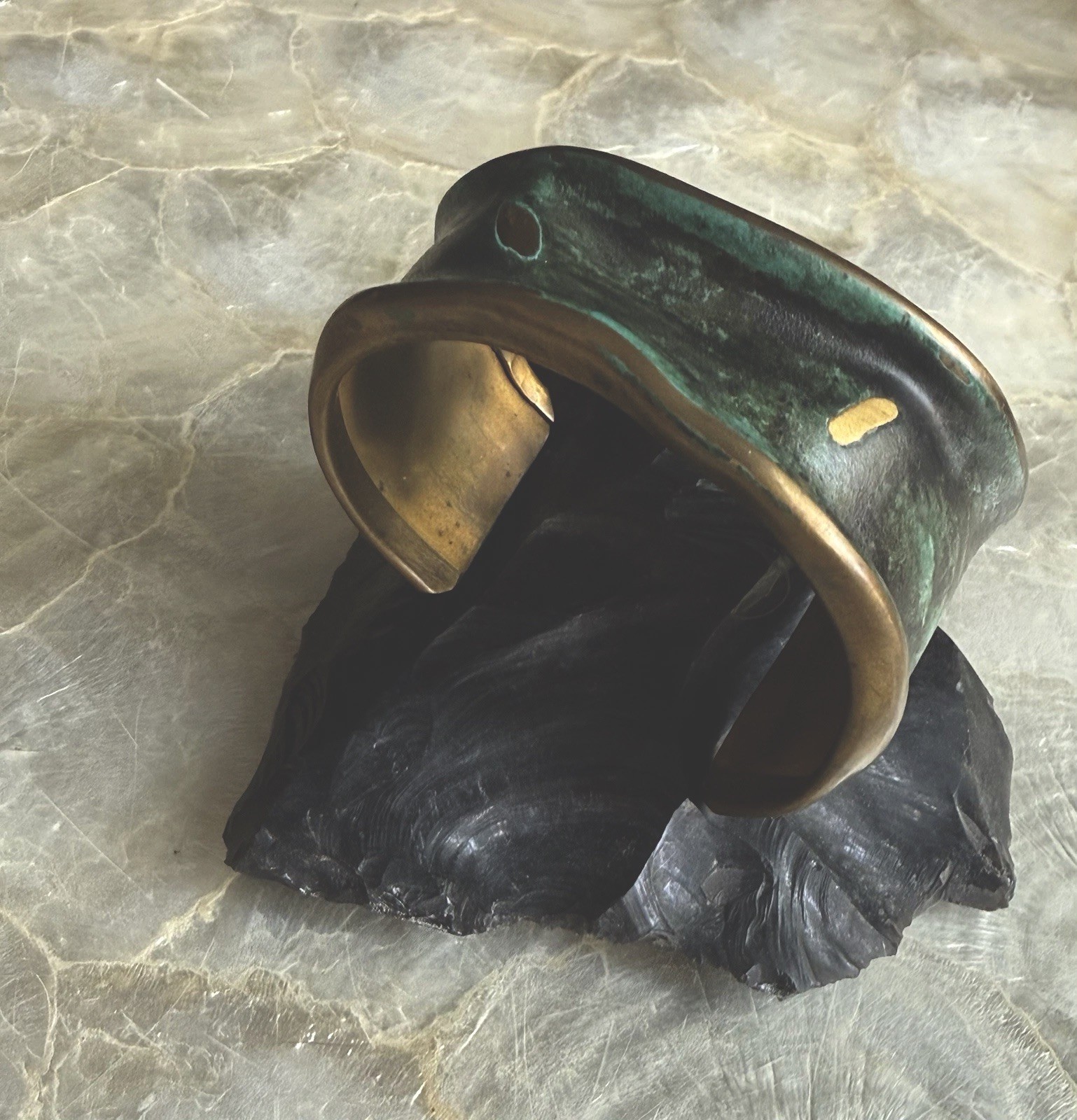 MODERNIST Cuff Bracelet ARTISAN Forged Solid Bronze Brass Verdigris Glaze Signed