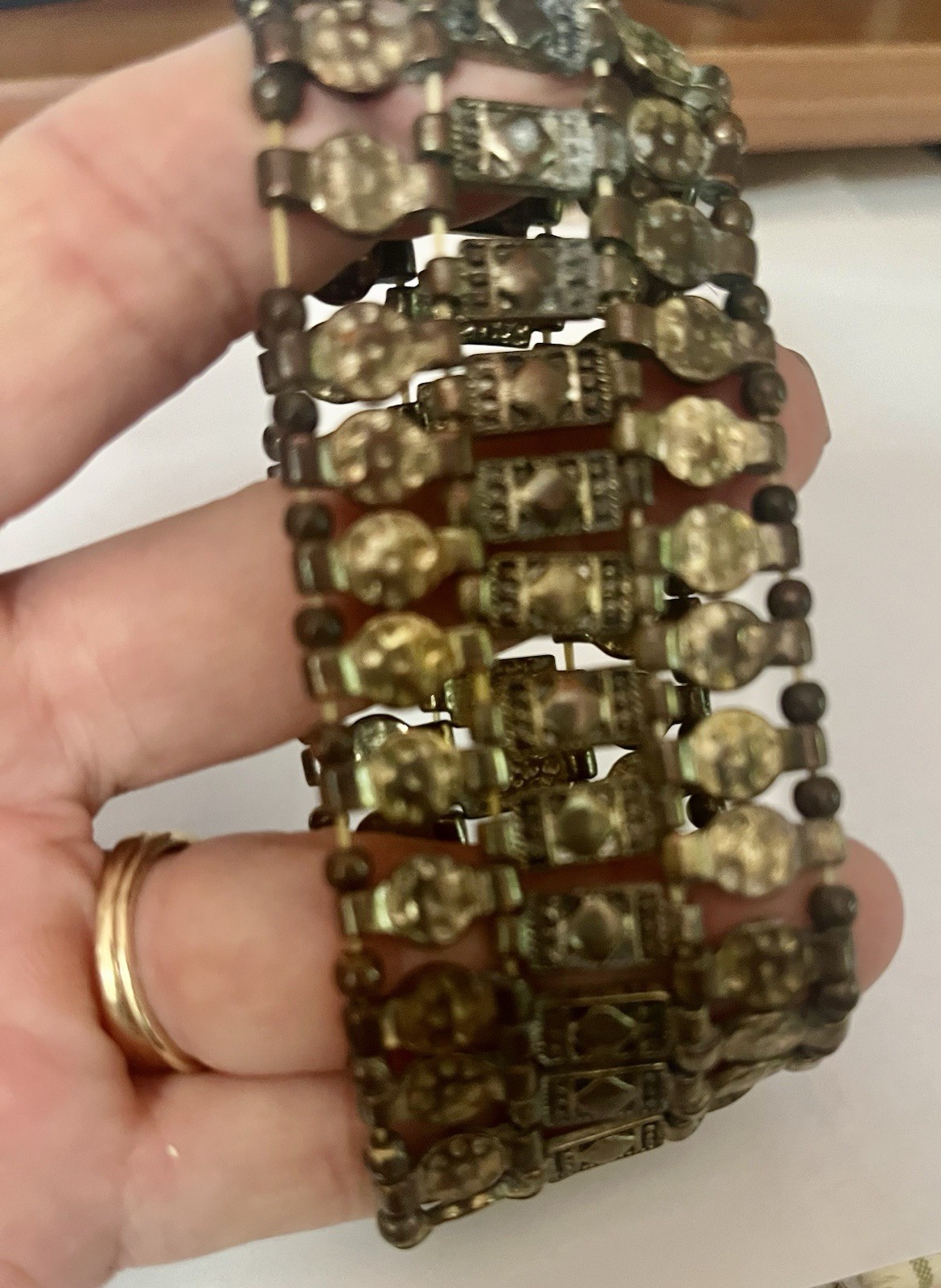 Vtg Brass Metal Ornate Beaded Stretch Cuff Bracelet 1.5” W One Size 6-8” Wrist