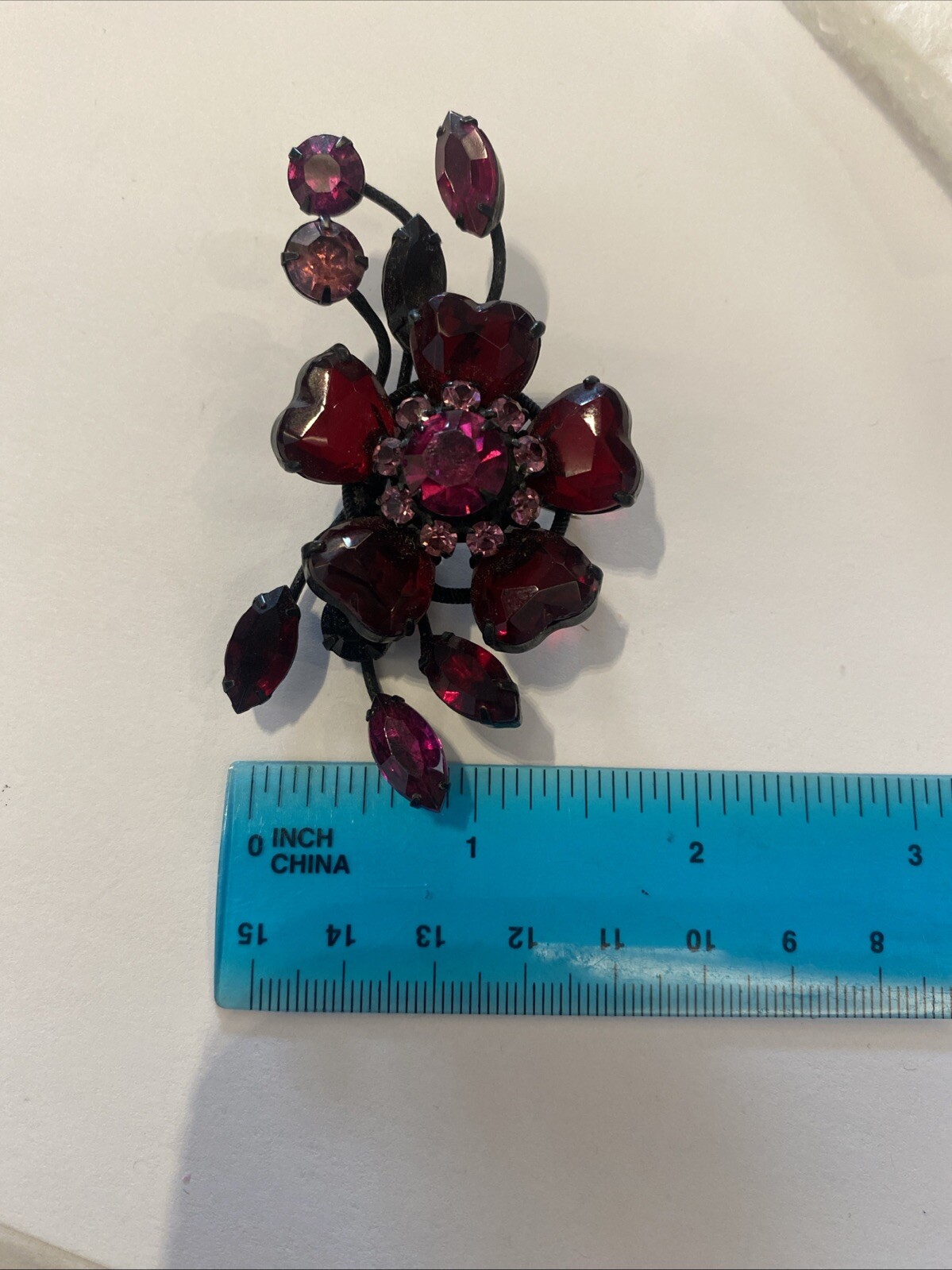 Vintage Unsigned SCHREINER Julian Pink & Fuchsia Flower Red Hearts Pin Brooch