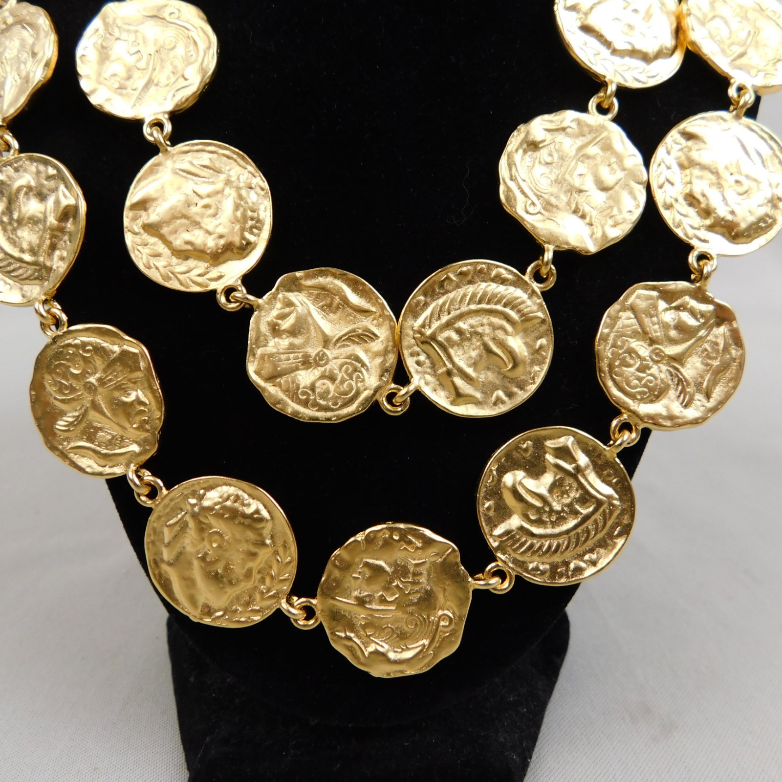 Vintage 1980s Gold Tone Double Strand Roman Coin Necklace #77