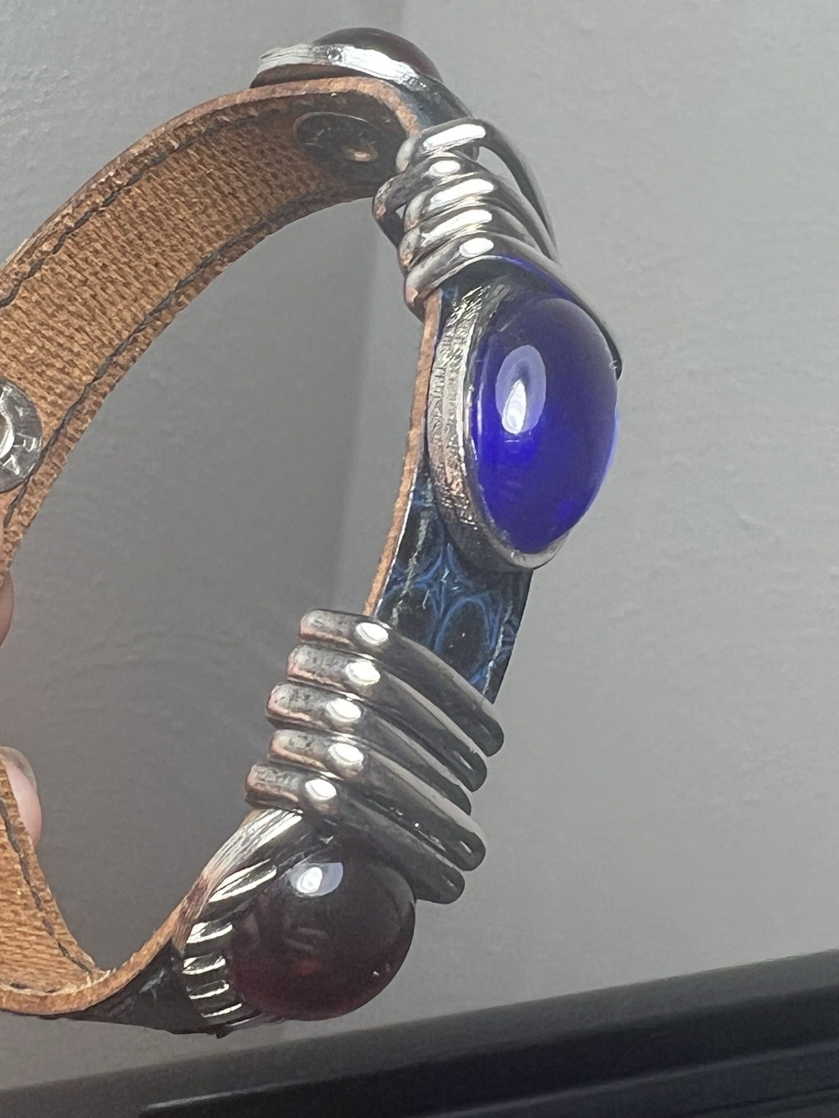 RARE 80s Rau Klikit Blue Leather Cuff Bracelet Punk Western Retro VTG Statement