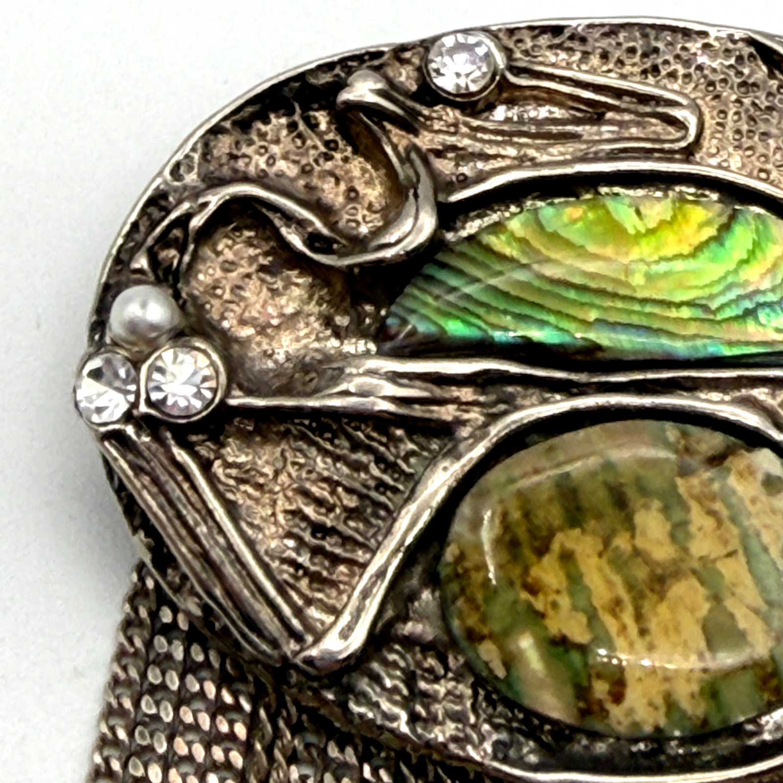 Vintage Modernist Art Nouveau Abalone Shell Waterfall Brooch Pin Fringe Chain