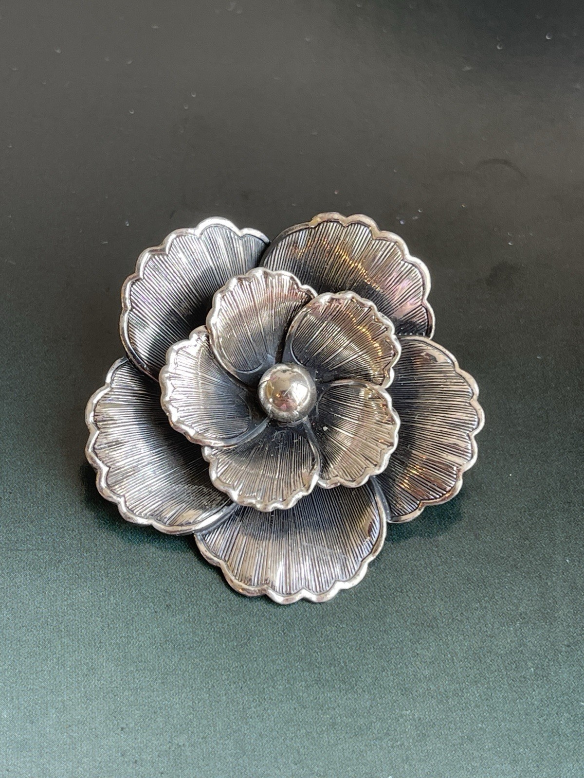 Vintage Signed Beau Sterling Silver Layered Flower Brooch Pin Midcentury