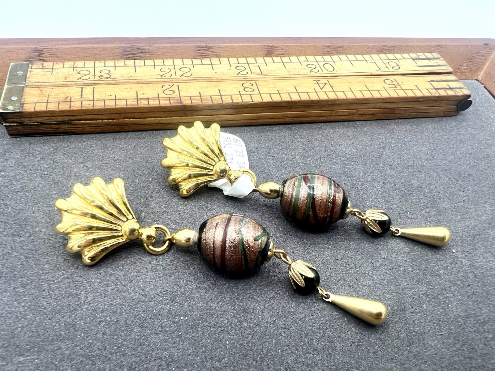 Vintage Gold Black Glass Bead Earrings Dangles New Old Stock NOS 1980s NWT VR