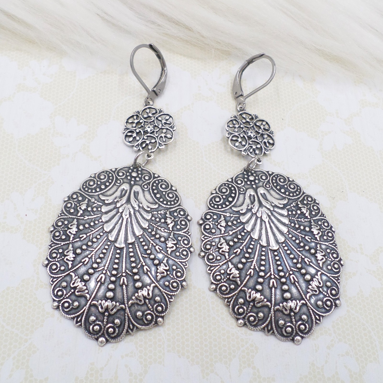 Large Antique Silver Filigree Statement Earrings, Bohemian Ethnic Style Jewelry