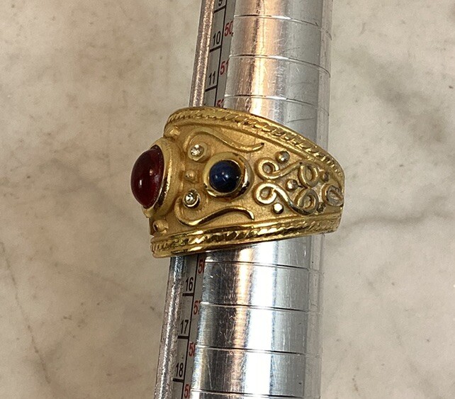 Vintage Gold Plated Byzantine Greek Faux Ruby Sapphire Peridot Ring Size 7