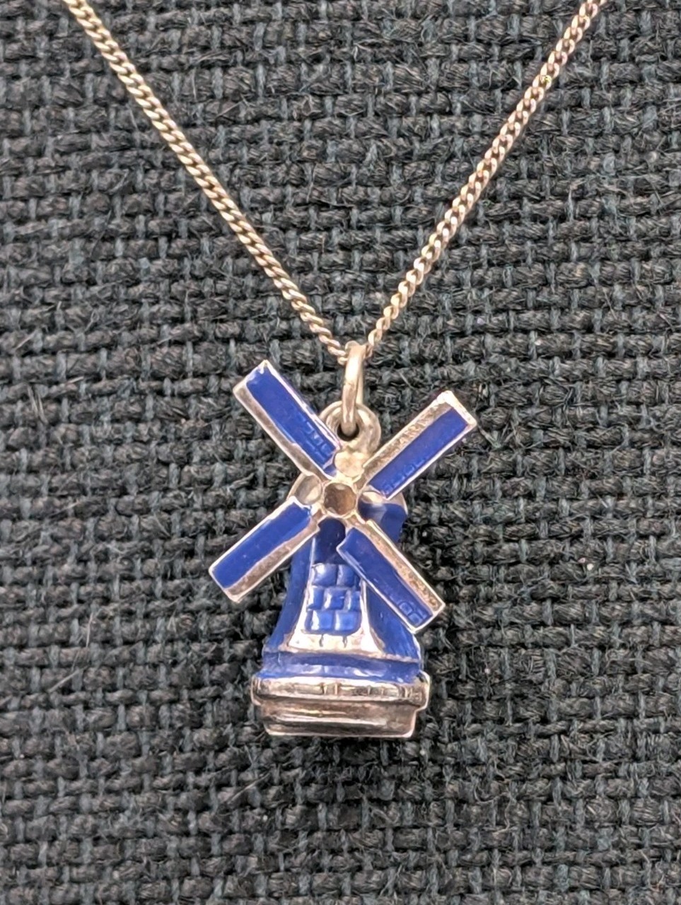 Antique 835 Silver Blue Enamel Articulated Windmill Pendant 16.75″ Curb Necklace