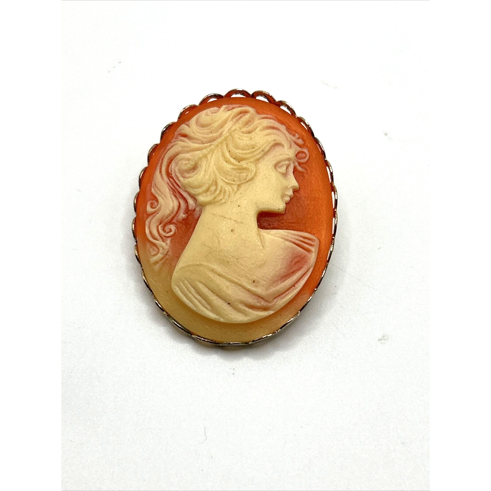 VINTAGE Gold Tone Lady CAMEO Pin Brooch Orange And Cream