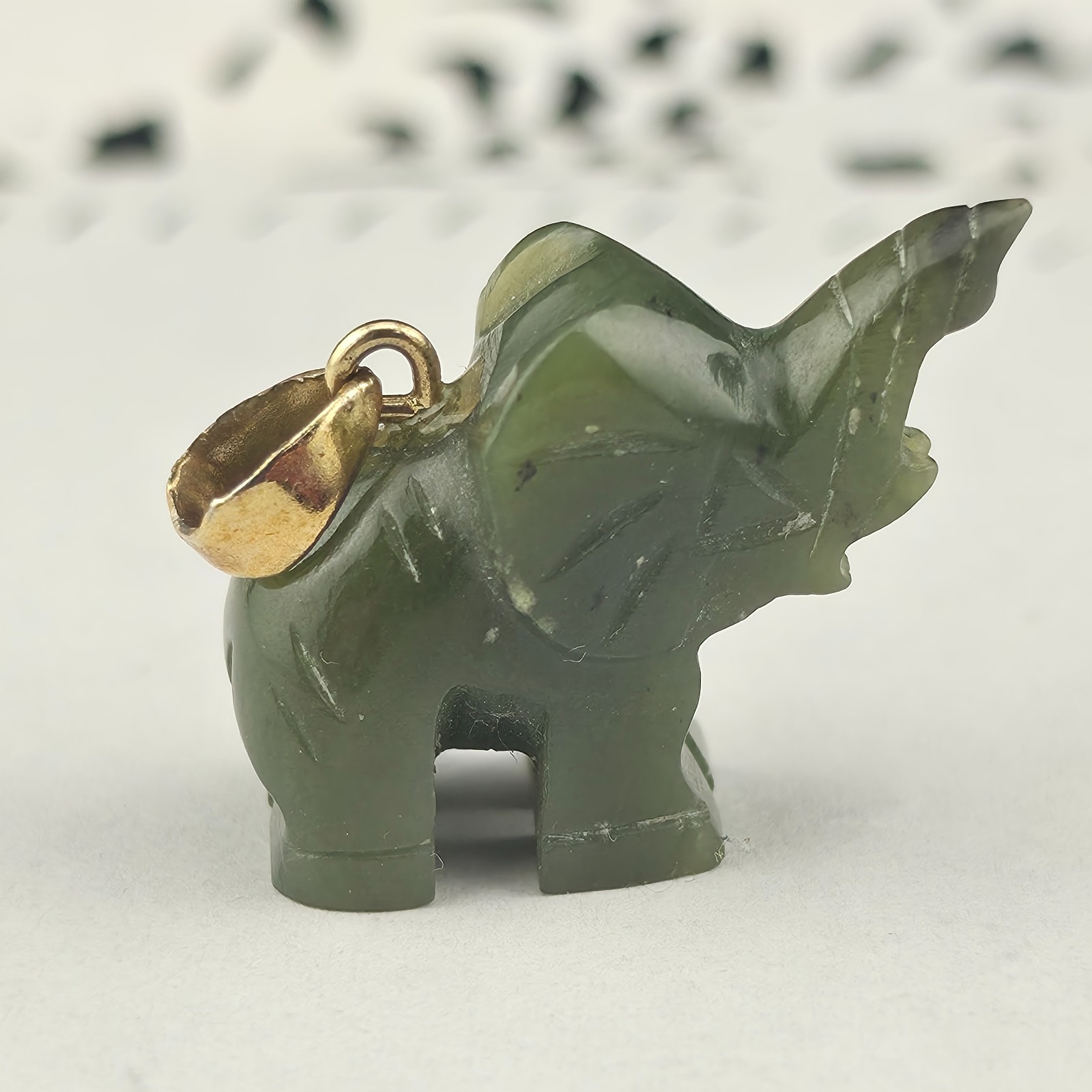 Vintage 28mm Dark Green Nephrite Jade Lucky Elephant Trunk Up Pendant Gold Fill