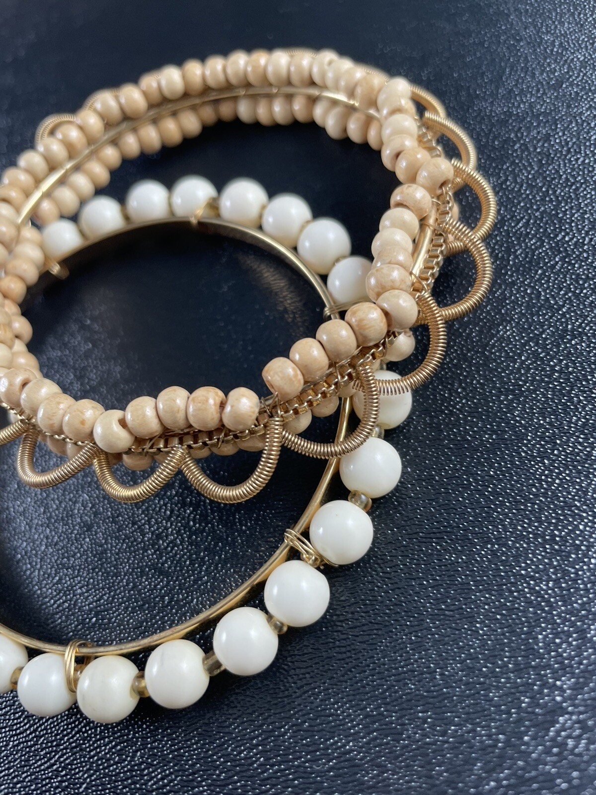 Vintage White & Brown Beaded Gold Tone Bangle Bracelets 2pc