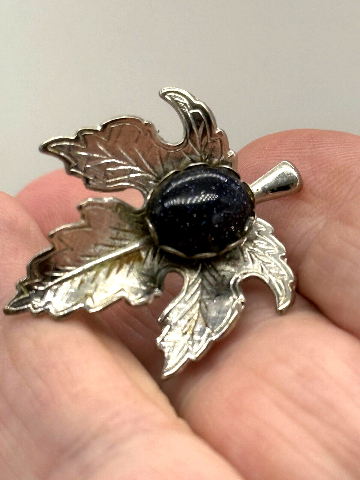 Vintage Maple Leaf Blue Goldstone Brooch / Pin Silver Tone with Safety Clasp
