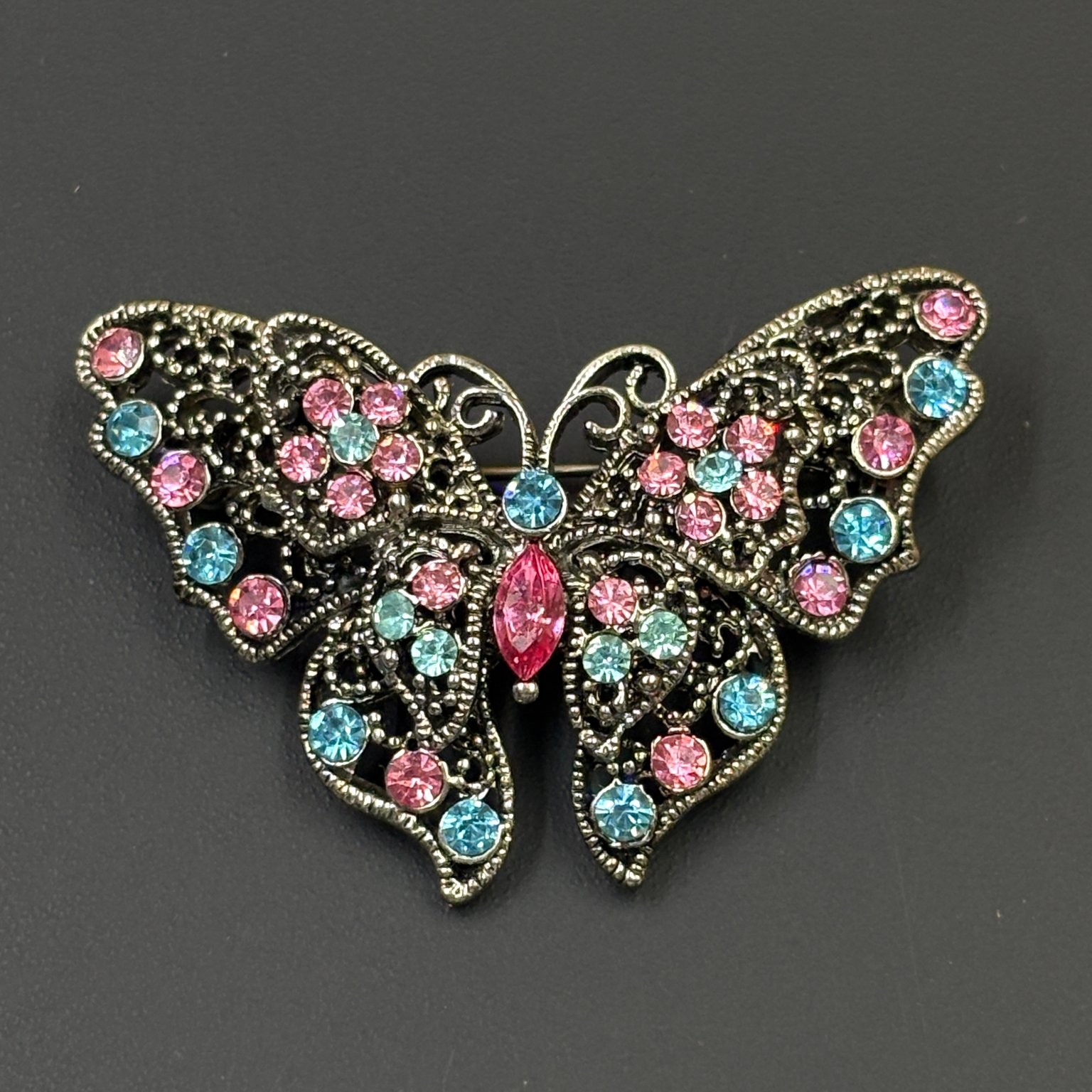 Vintage Butterfly Filigree Silver Tone Brooch 2″ x 1.5″ Rhinestone Multi-Color
