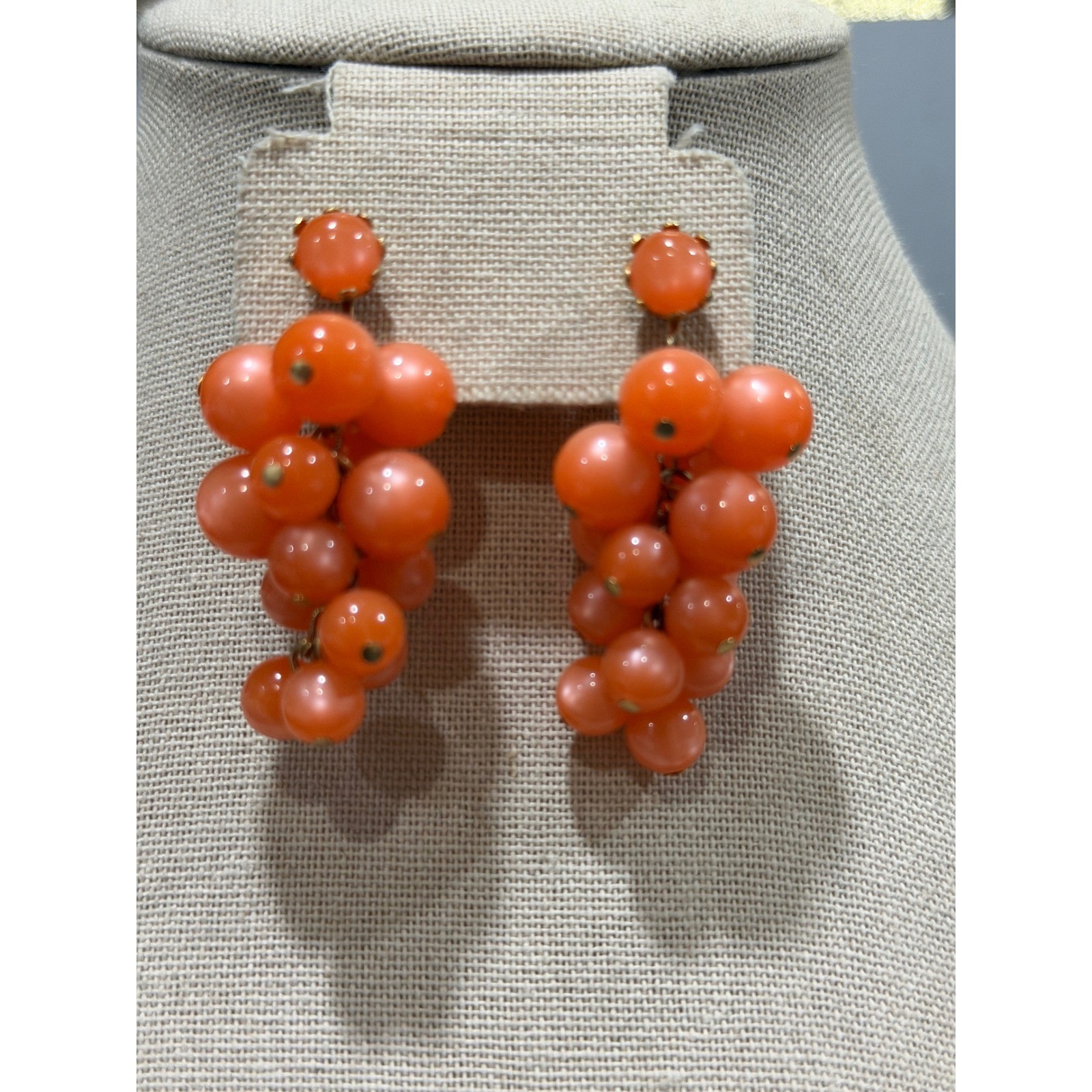 Vintage Grape Cluster Orange Moon Glow Earrings Mid-Century Clip-On