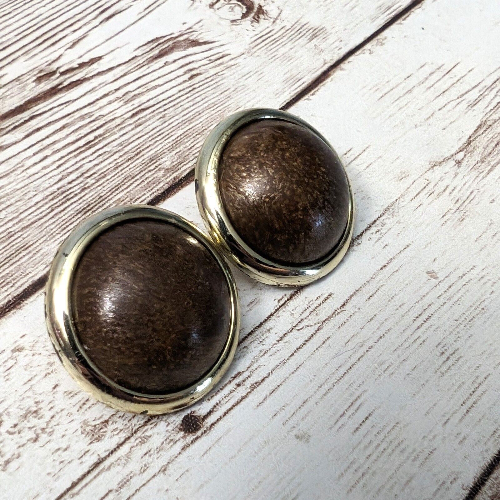Vintage Clip On Earrings – Domed Patterned Brown with Gold Tone Halo