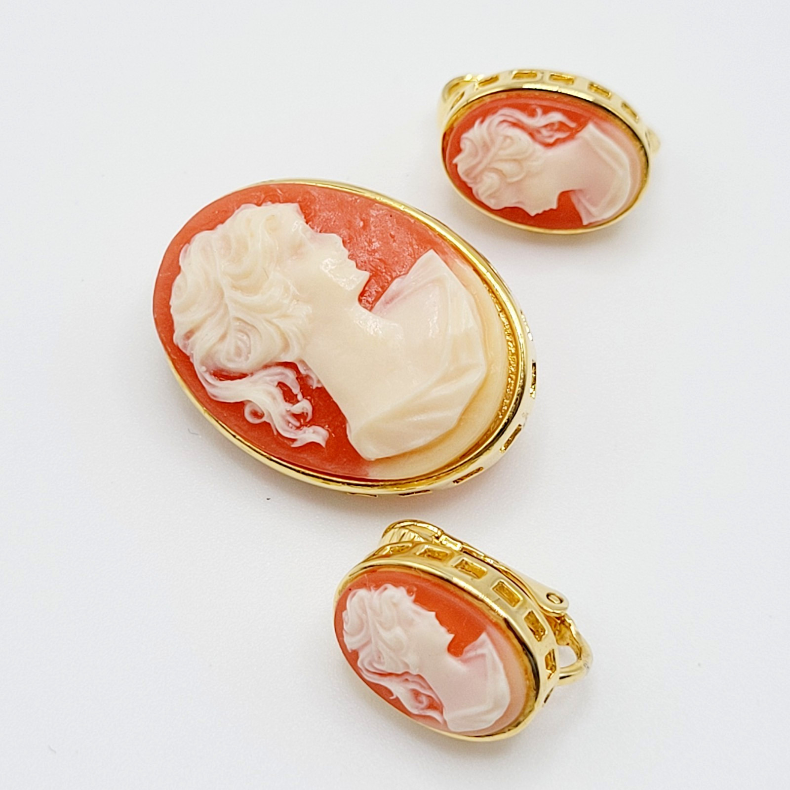 Cameo Set Resin Backed Gold Tone Open Works Frame Salmon Coral Color Revival