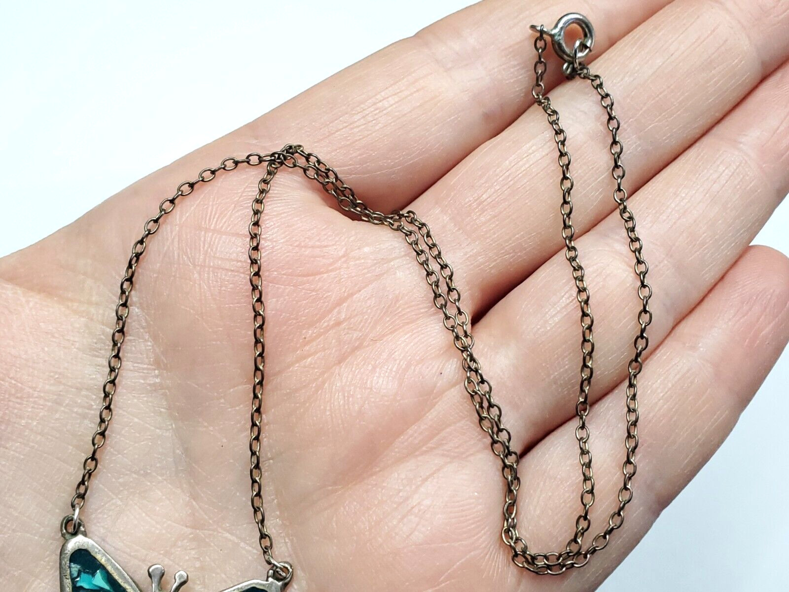 Vintage Butterfly Silver Turquoise Coral Chip Inlay Enamel Pendant Necklace