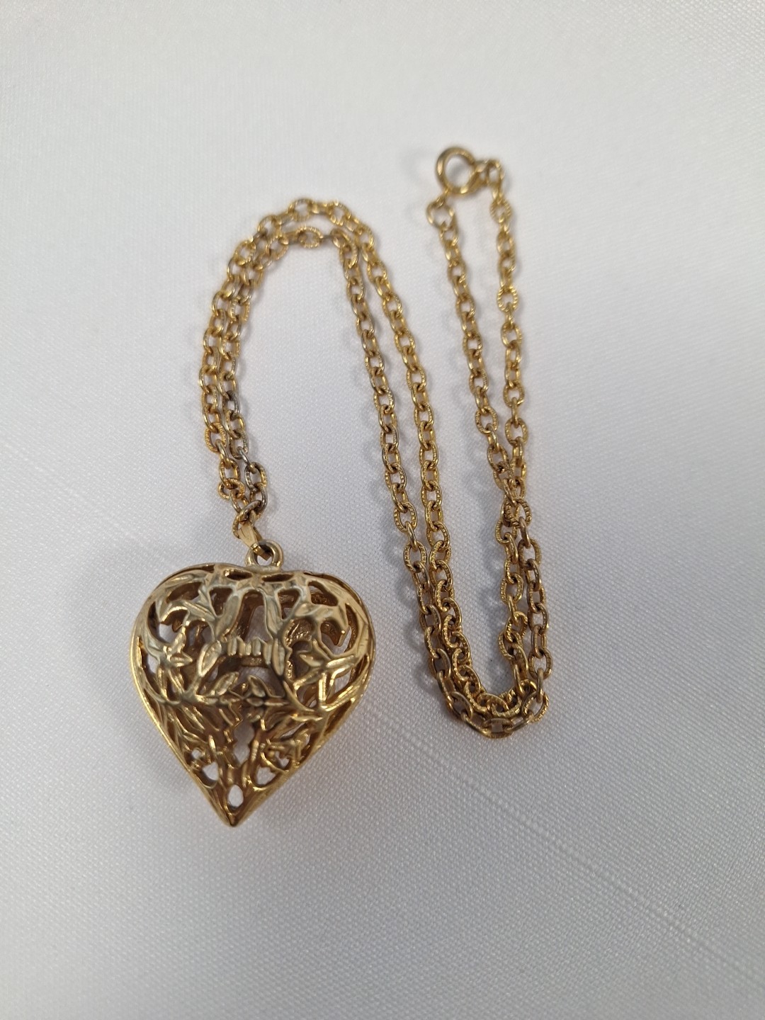 Goldtone Filigree Puff Heart Shape Pendant Necklace