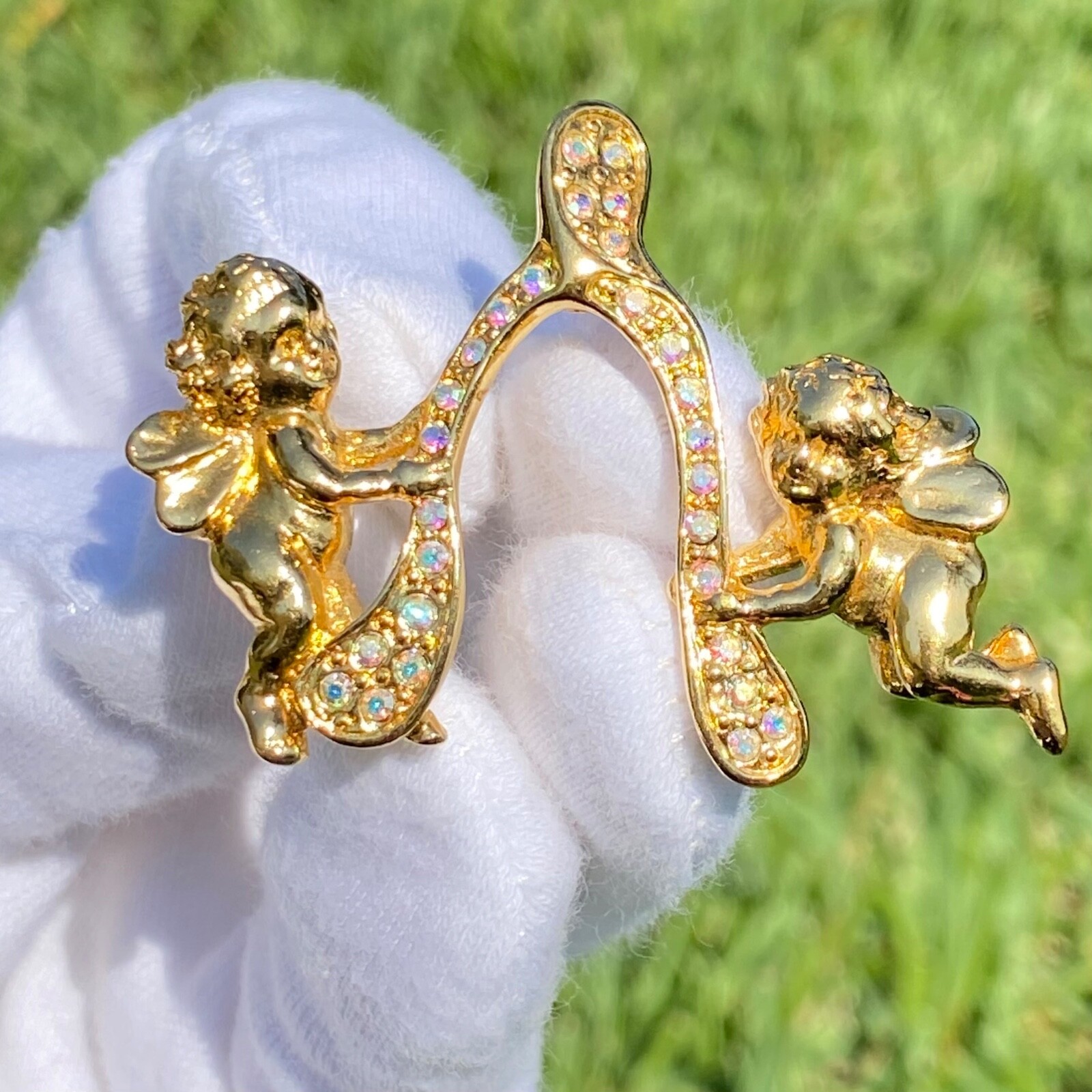 Sparkling Kirk’s Folly Signed Gold Tone Angel Cherub Wishbone Brooch Pin