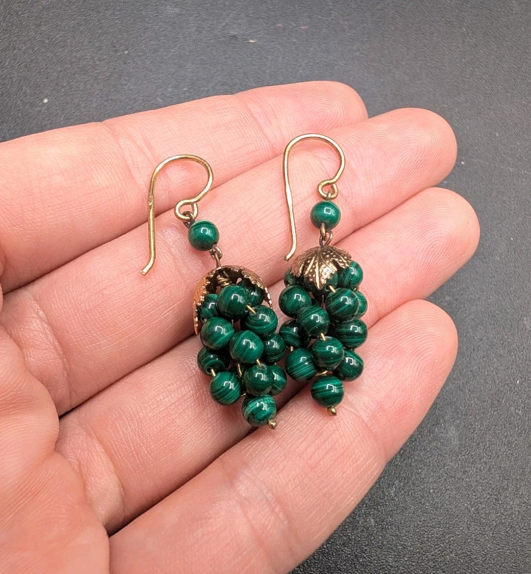 800 Silver Marked Gold Tone Malachite Round Beaded Cluster Grapes Earrings