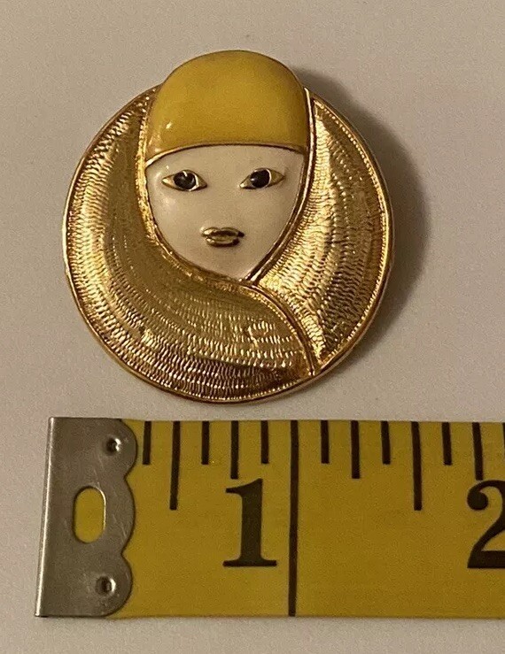 Vtg Signed Orena PARIS Retro Enameled Art Deco French Woman Gold Tone Brooch Pin