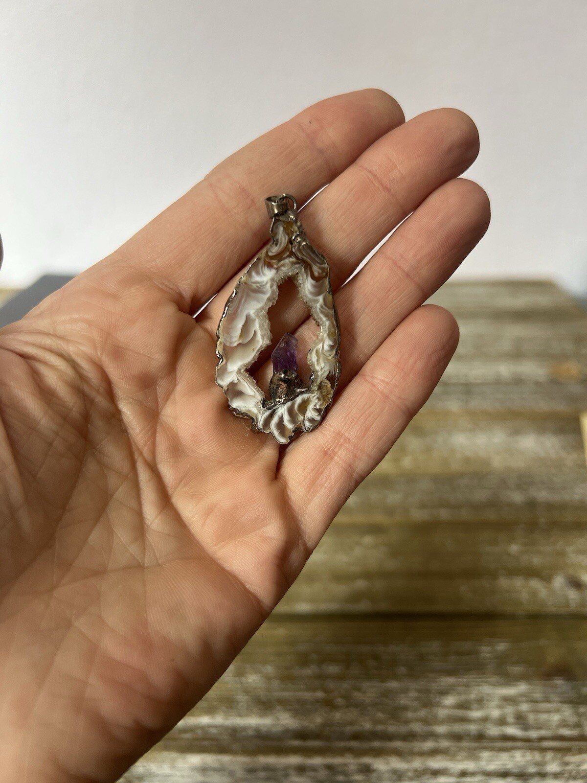 Vintage Black & White Agate Geode With Amethyst Pendant Silver Gorgeous