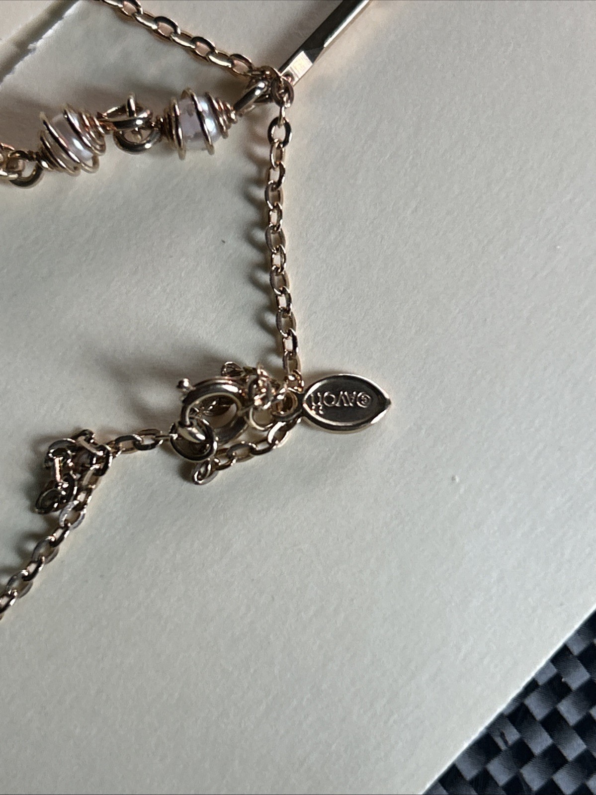 Choker Length Vintage Avon Dainty Wire Wrapped Pearl Necklace. Gold-Tone 14″