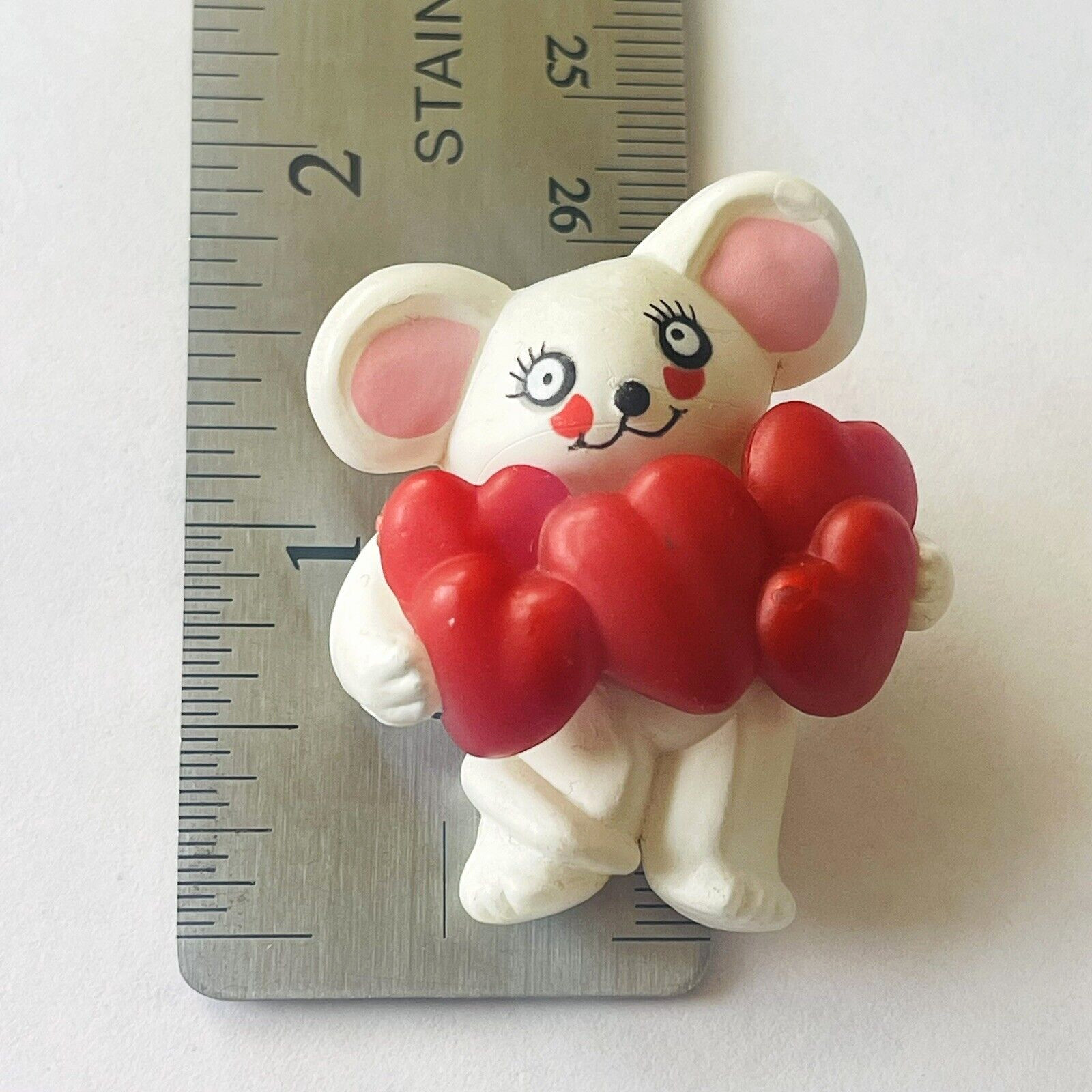 80s Brooch Lapel Pin Mouse Hearts Love Red White Pink Fun World 1984 Vintage